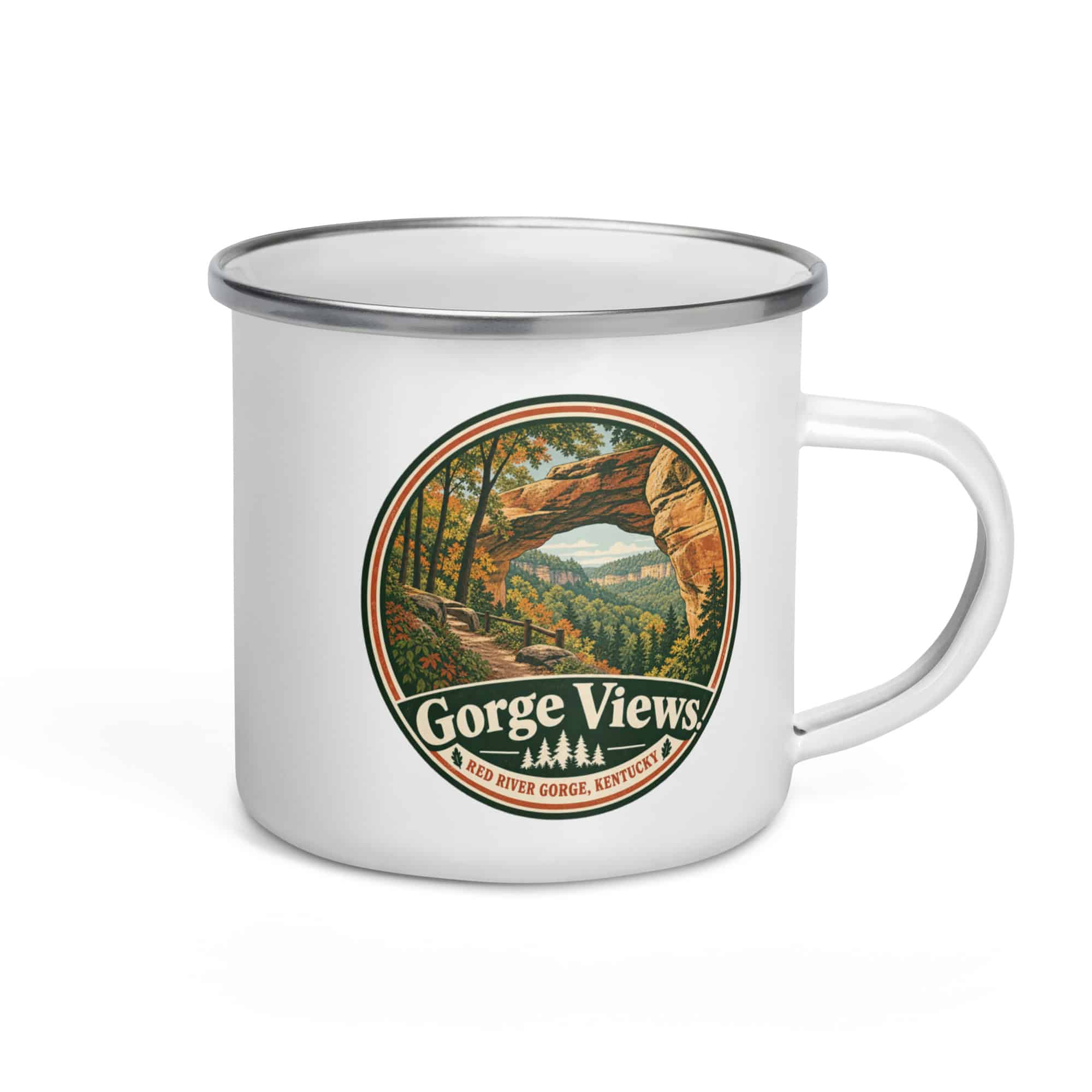 Red River Gorge Enamel Camp Mug: Gorge Views, Vintage Round Badge