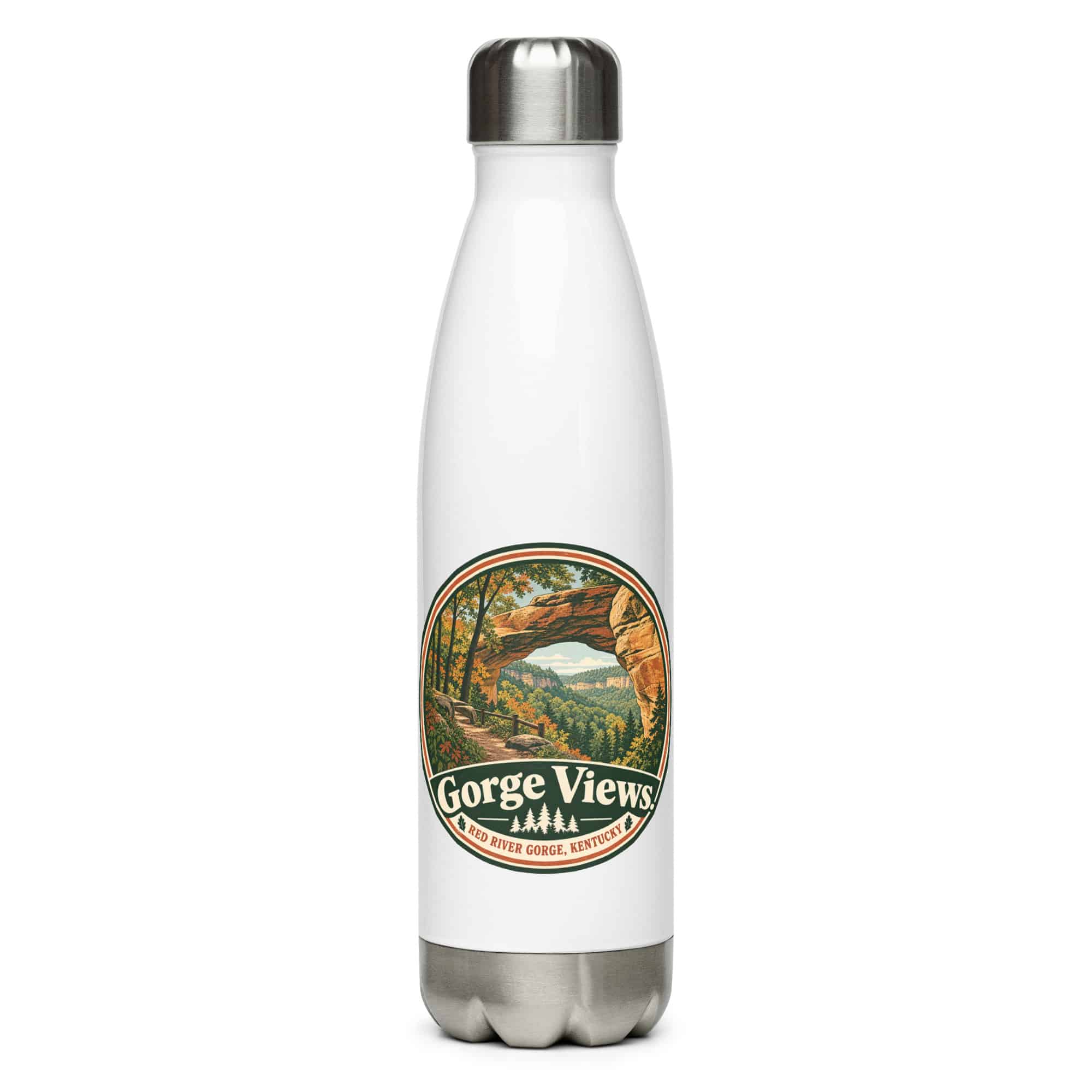 Red River Gorge Stainless Steel Water Bottle: Gorge Views, Vintage Round Badge