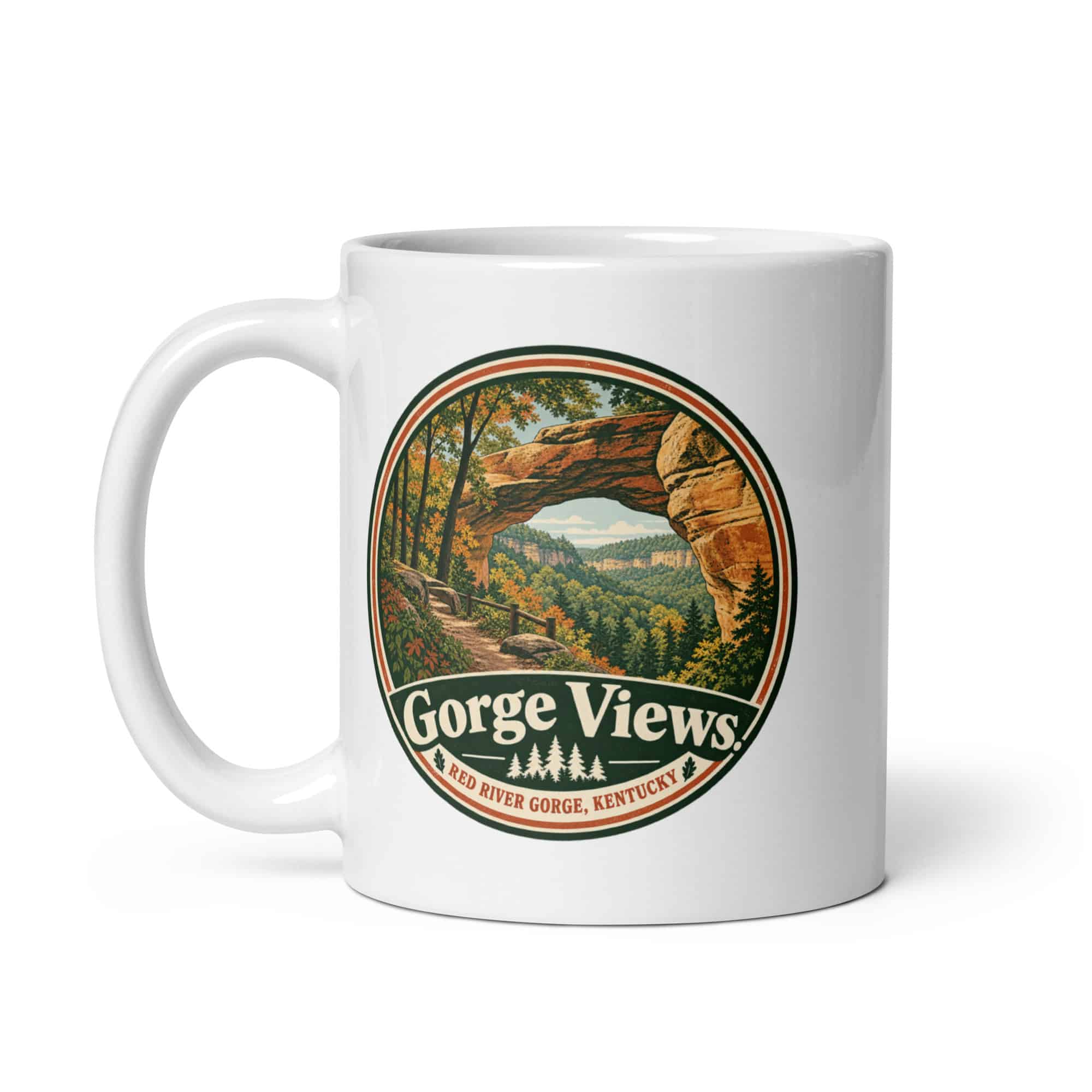 Red River Gorge White Ceramic Coffee Mug: Gorge Views, Vintage Round Badge