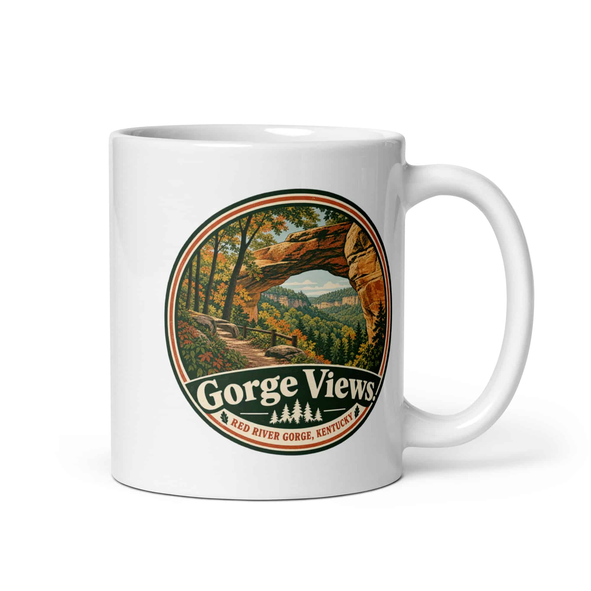 Red River Gorge White Ceramic Coffee Mug: Gorge Views, Vintage Round Badge