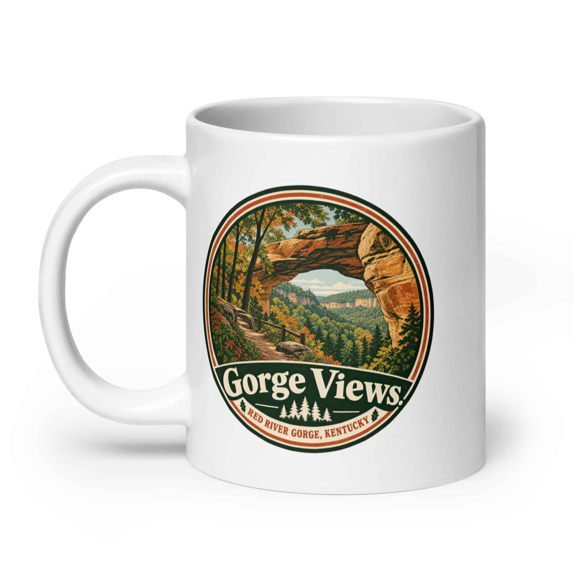 Red River Gorge White Ceramic Coffee Mug: Gorge Views, Vintage Round Badge