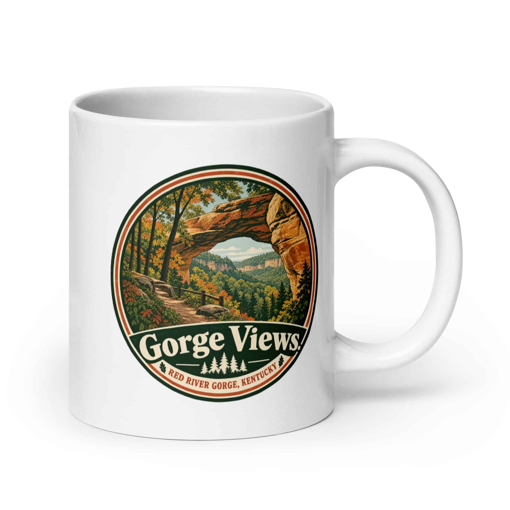 Red River Gorge White Ceramic Coffee Mug: Gorge Views, Vintage Round Badge