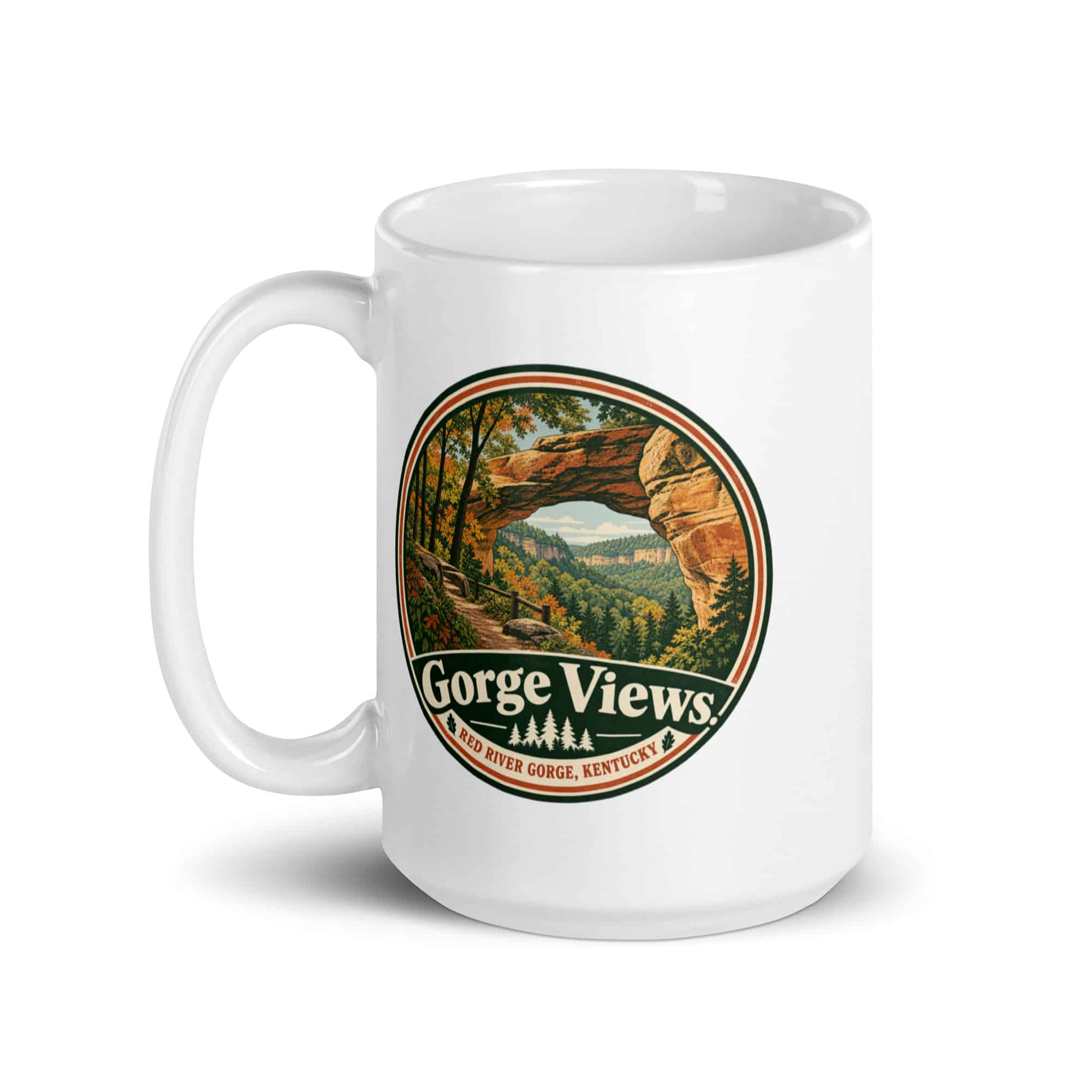 Red River Gorge White Ceramic Coffee Mug: Gorge Views, Vintage Round Badge