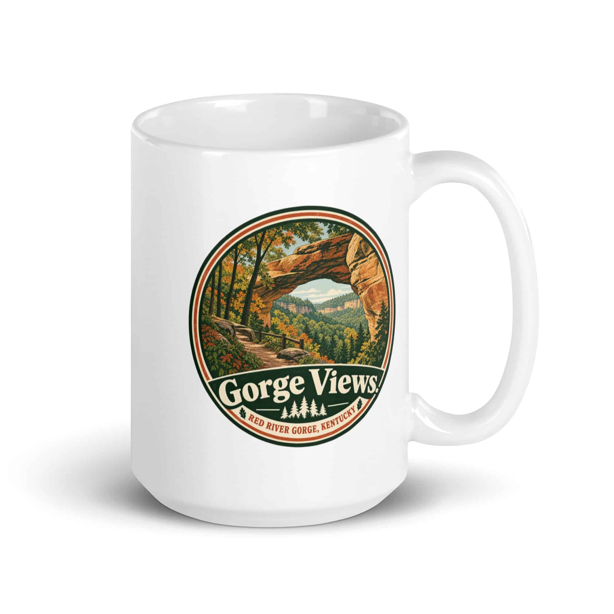 Red River Gorge White Ceramic Coffee Mug: Gorge Views, Vintage Round Badge