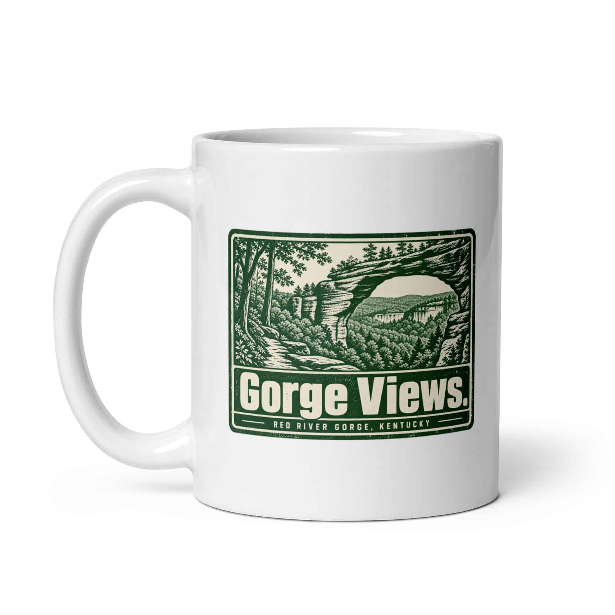 Red River Gorge White Ceramic Coffee Mug: Gorge Views, Forest Ink Stamp