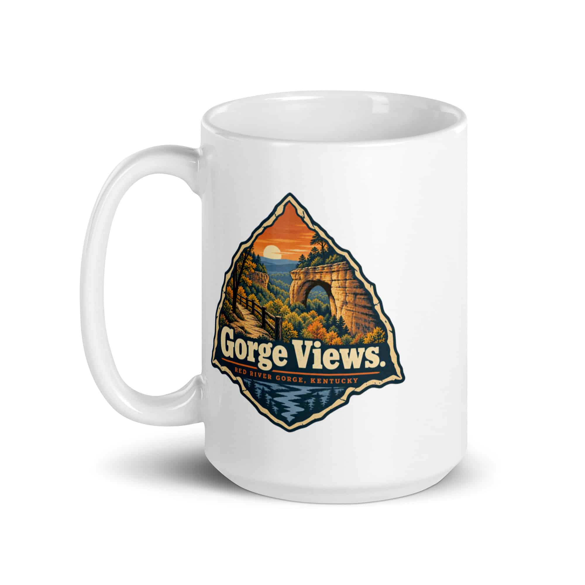 Red River Gorge White Ceramic Coffee Mug: Gorge Views, Scenic Shield Badge
