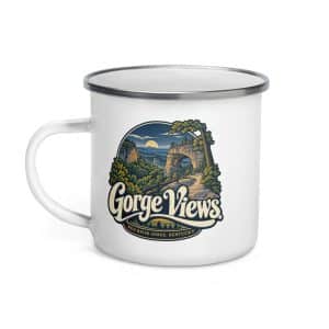 Red River Gorge Enamel Camp Mug: Gorge Views, Woodland Scenic Lettering - 12 oz - Left