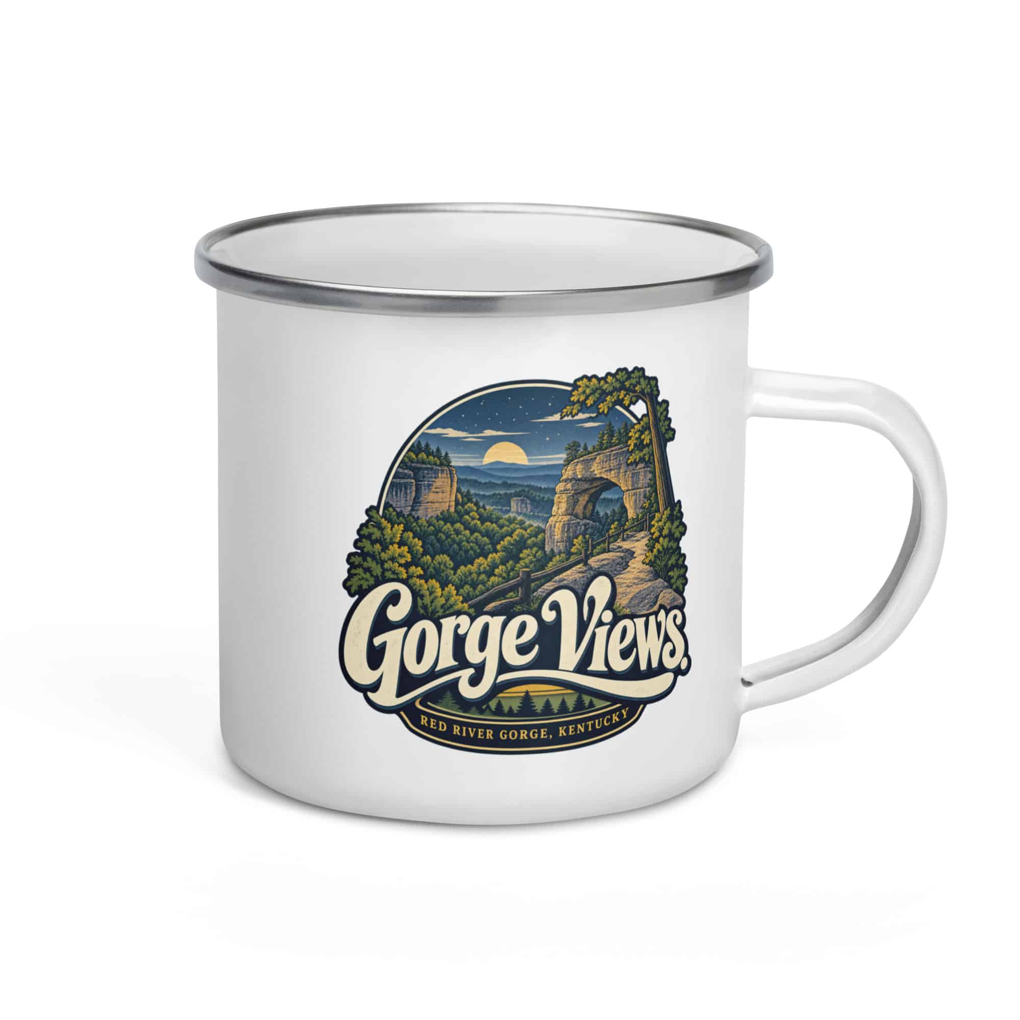 Red River Gorge Enamel Camp Mug: Gorge Views, Woodland Scenic Lettering