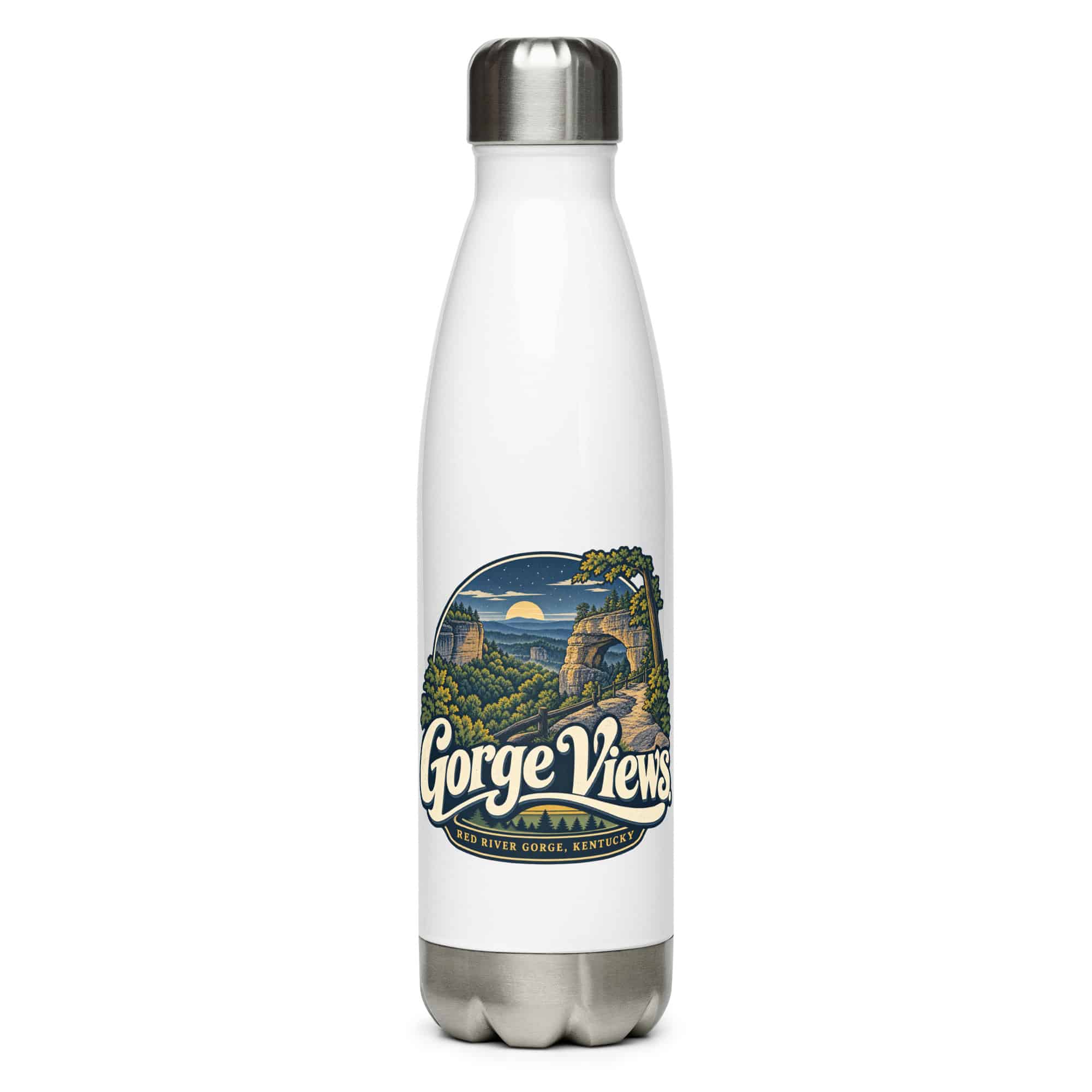 Red River Gorge Stainless Steel Water Bottle: Gorge Views, Woodland Scenic Lettering