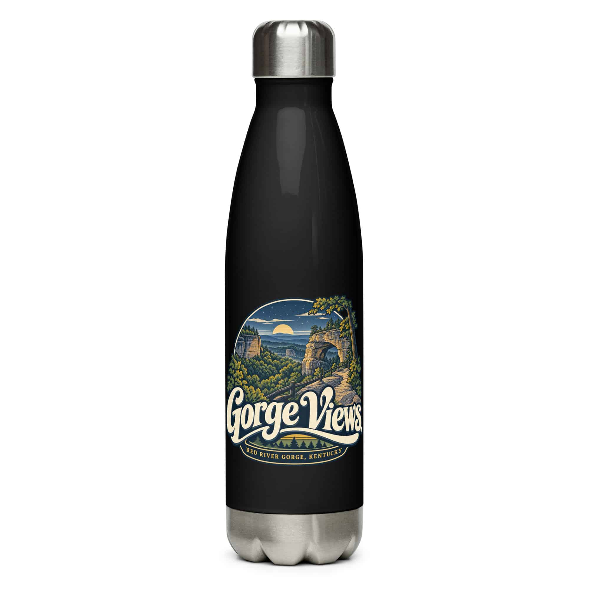Red River Gorge Stainless Steel Water Bottle: Gorge Views, Woodland Scenic Lettering