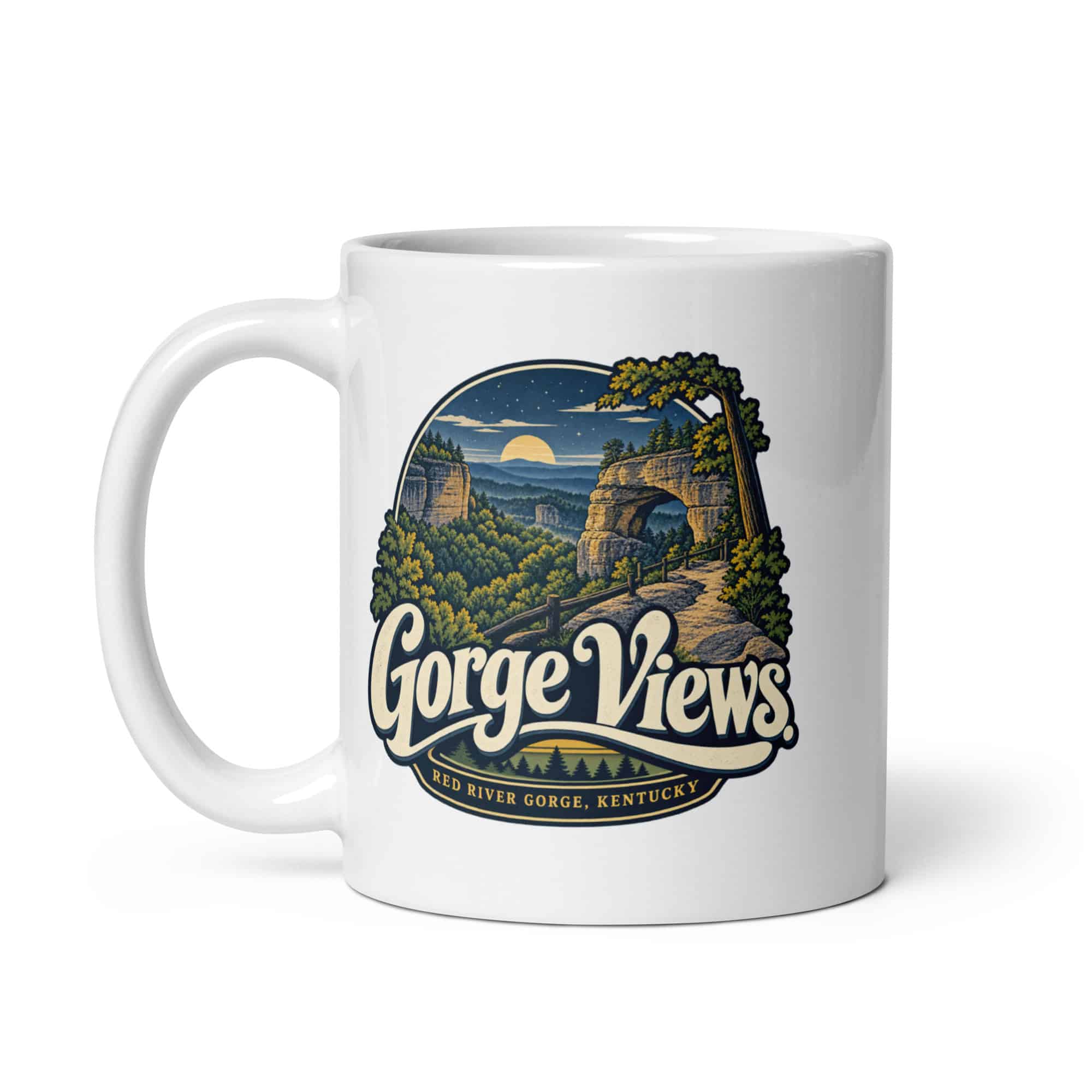 Red River Gorge White Ceramic Coffee Mug: Gorge Views, Woodland Scenic Lettering