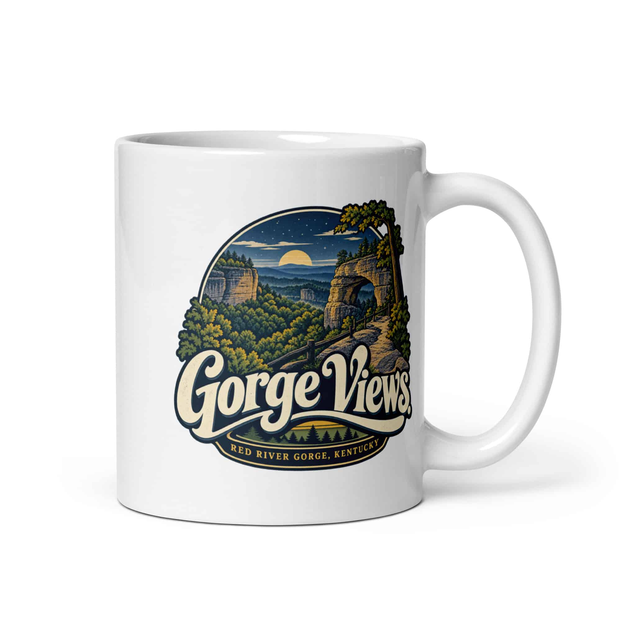 Red River Gorge White Ceramic Coffee Mug: Gorge Views, Woodland Scenic Lettering