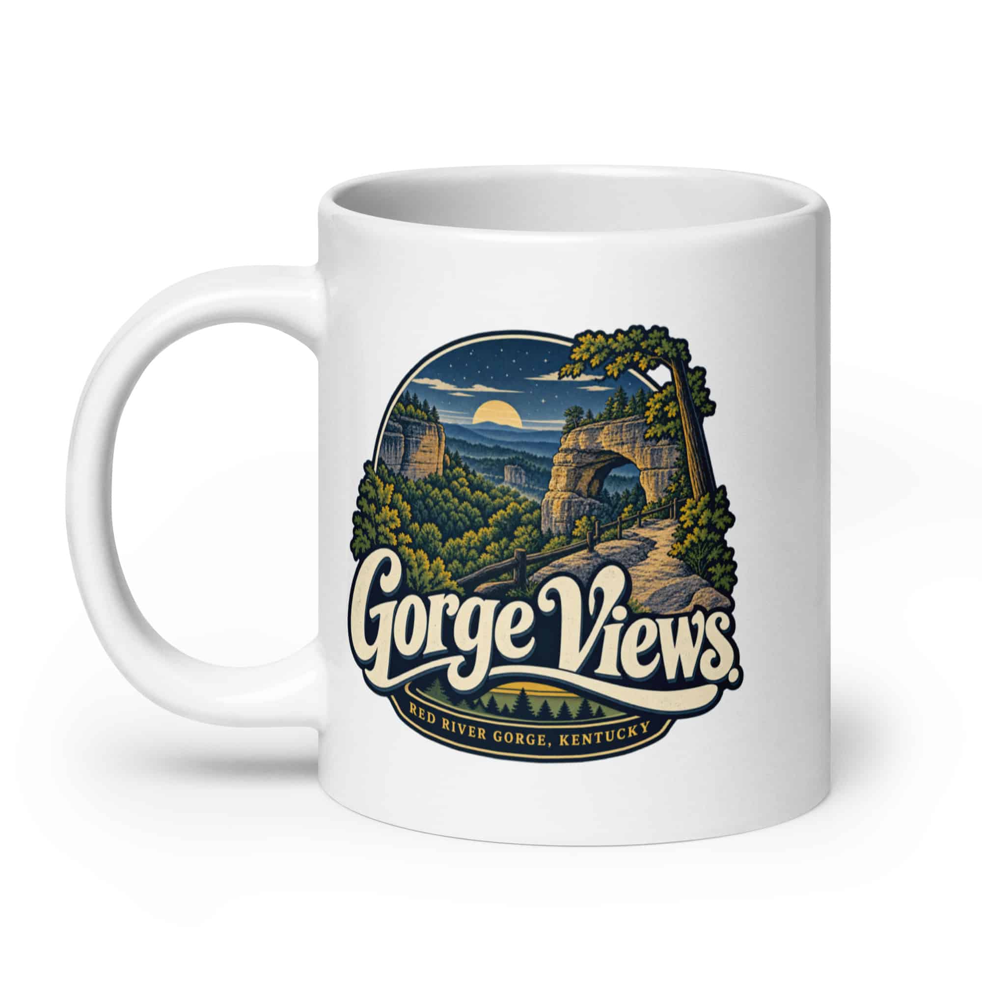 Red River Gorge White Ceramic Coffee Mug: Gorge Views, Woodland Scenic Lettering