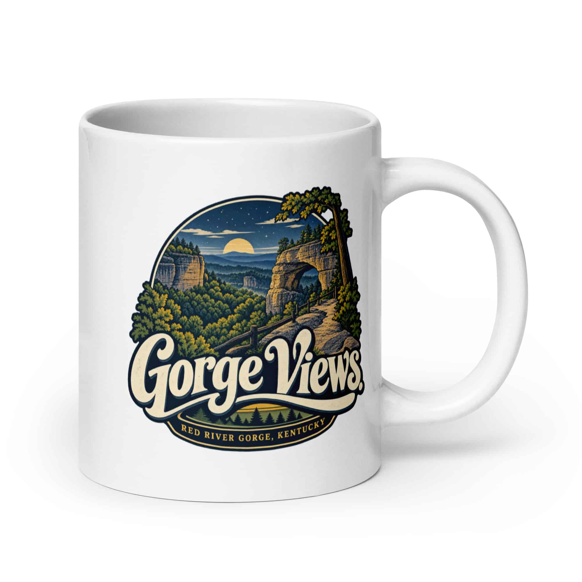 Red River Gorge White Ceramic Coffee Mug: Gorge Views, Woodland Scenic Lettering