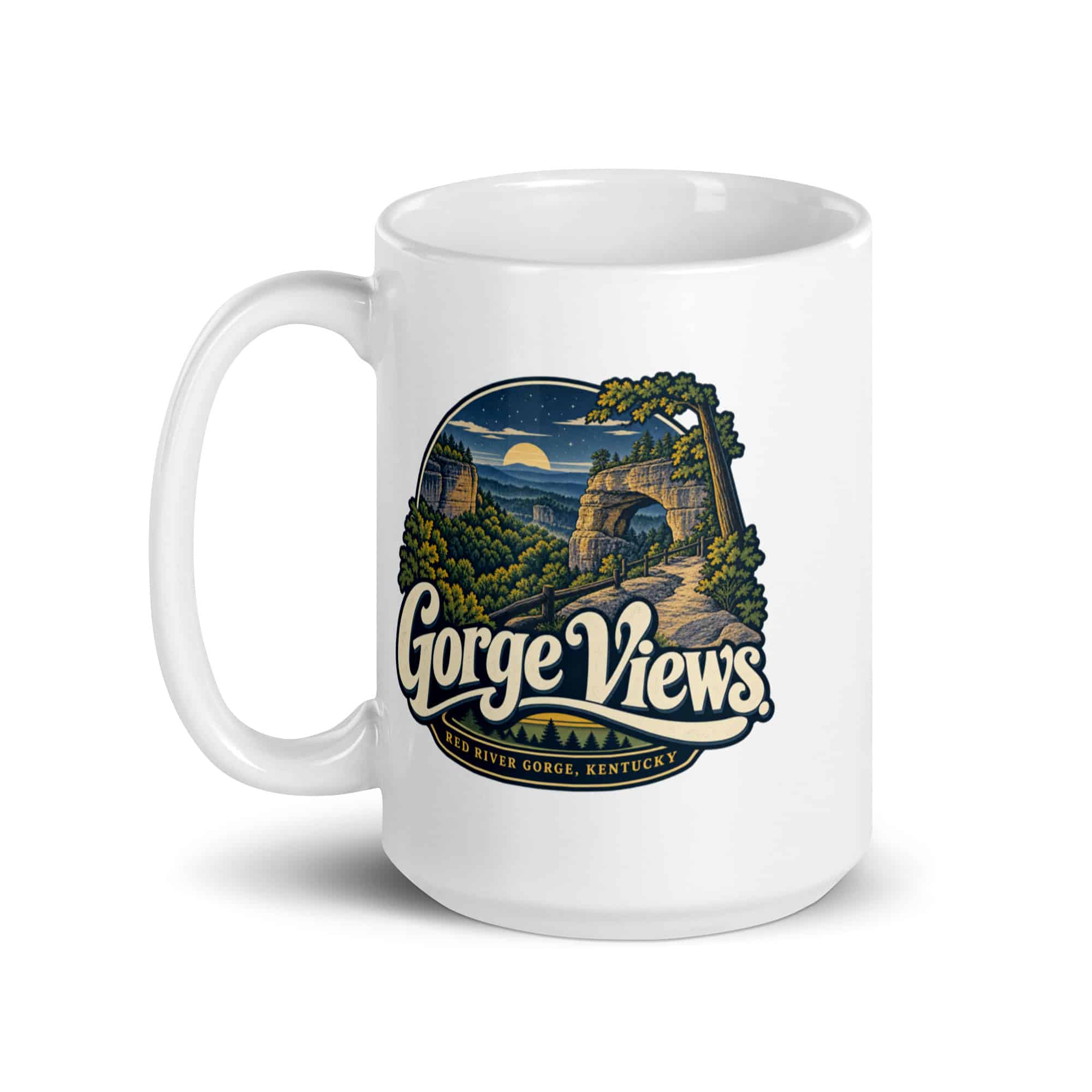 Red River Gorge White Ceramic Coffee Mug: Gorge Views, Woodland Scenic Lettering