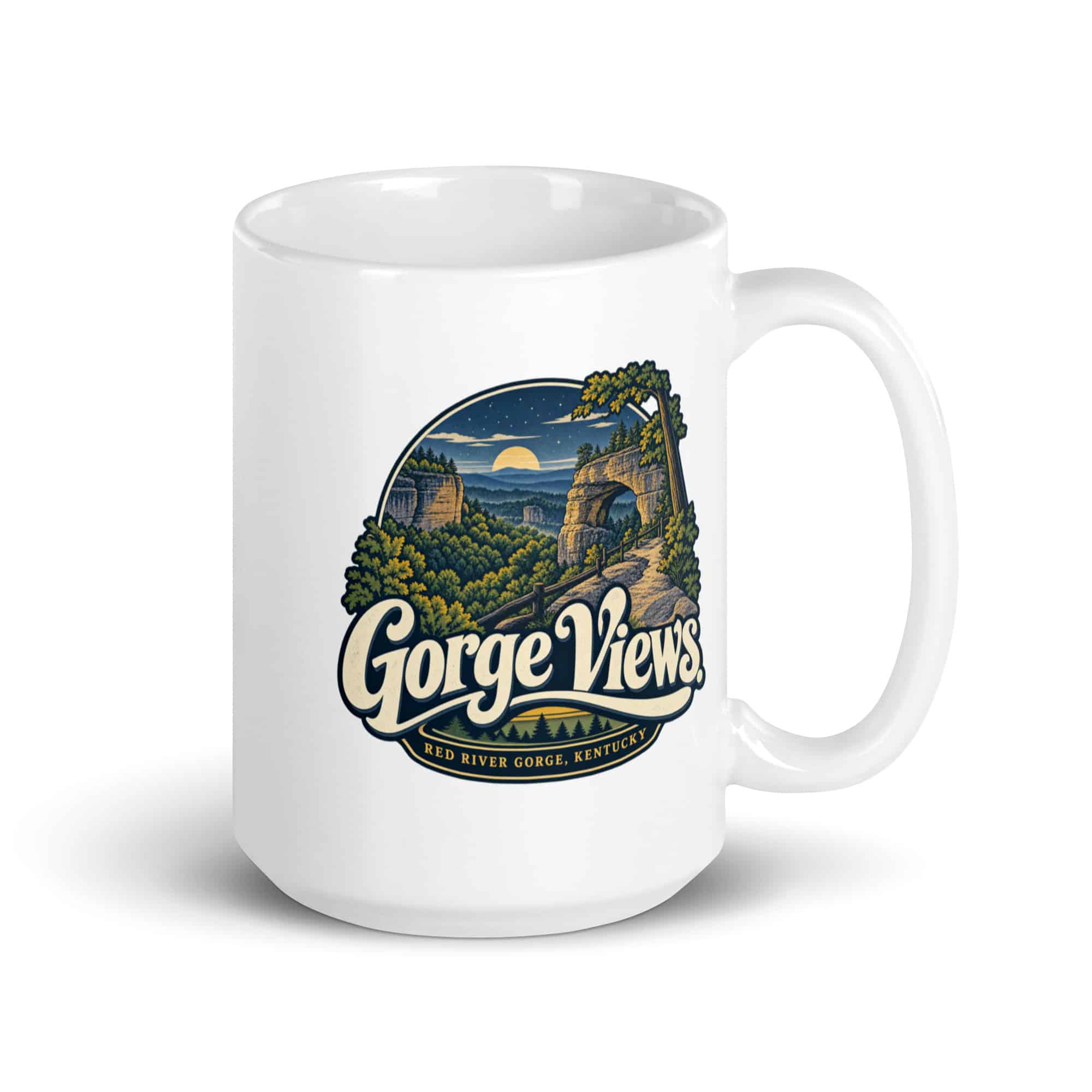 Red River Gorge White Ceramic Coffee Mug: Gorge Views, Woodland Scenic Lettering