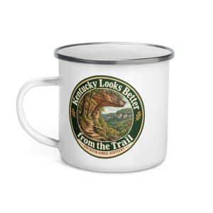 Red River Gorge Enamel Camp Mug: Kentucky Looks Better from the Trail, Vintage Round Badge - 12 oz - Left
