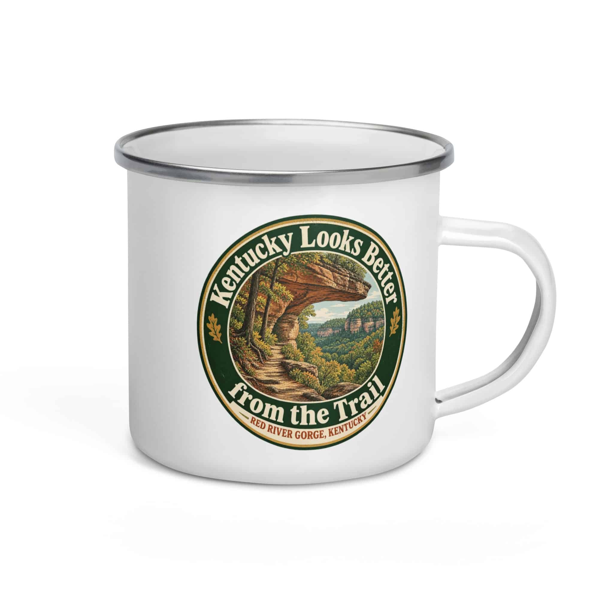 Red River Gorge Enamel Camp Mug: Kentucky Looks Better from the Trail, Vintage Round Badge