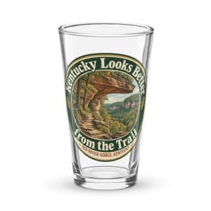 Red River Gorge Pint Glass: Kentucky Looks Better from the Trail, Vintage Round Badge - 16 oz - Main