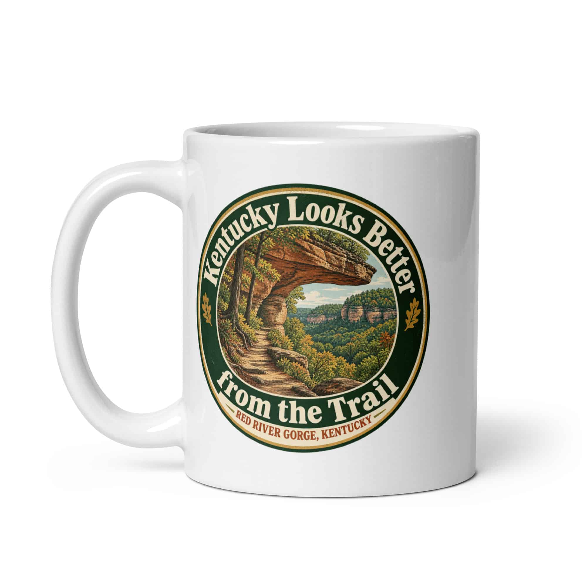 Red River Gorge White Ceramic Coffee Mug: Kentucky Looks Better from the Trail, Vintage Round Badge