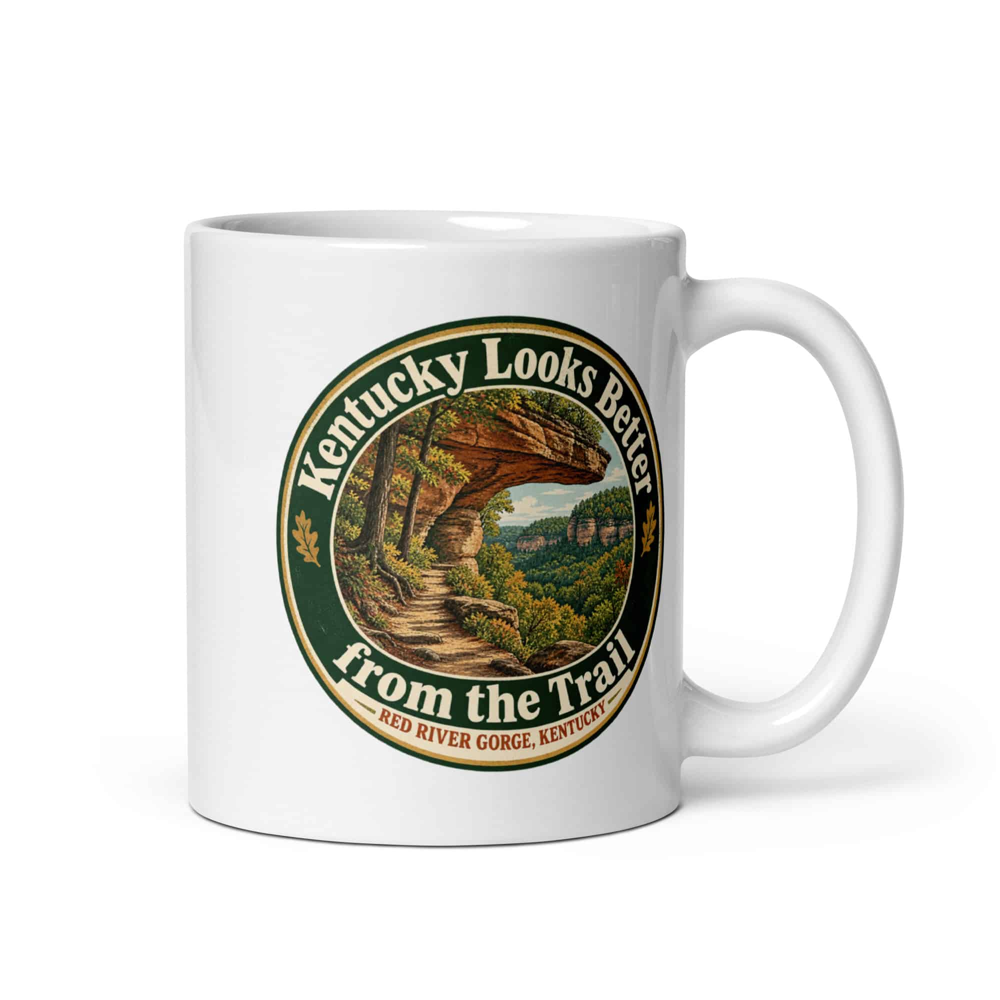 Red River Gorge White Ceramic Coffee Mug: Kentucky Looks Better from the Trail, Vintage Round Badge
