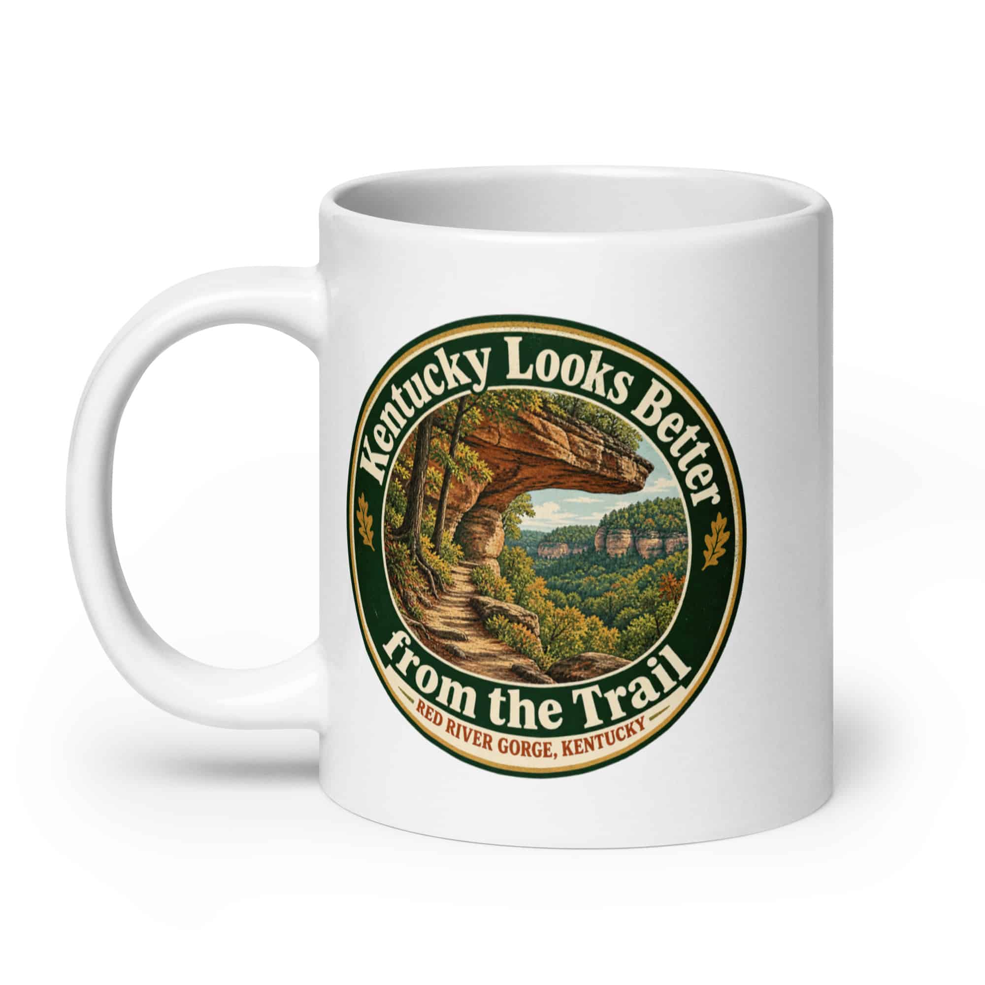 Red River Gorge White Ceramic Coffee Mug: Kentucky Looks Better from the Trail, Vintage Round Badge