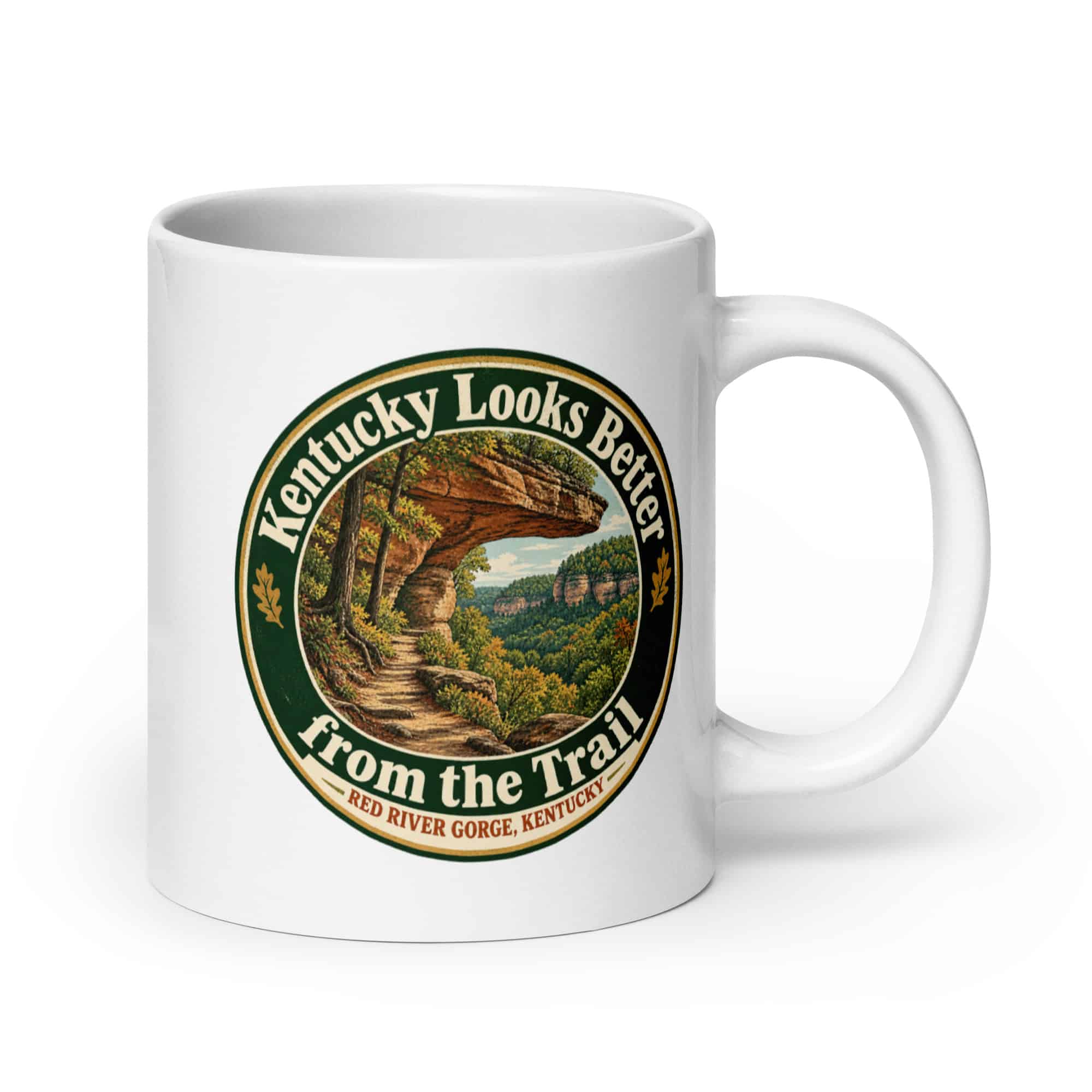 Red River Gorge White Ceramic Coffee Mug: Kentucky Looks Better from the Trail, Vintage Round Badge