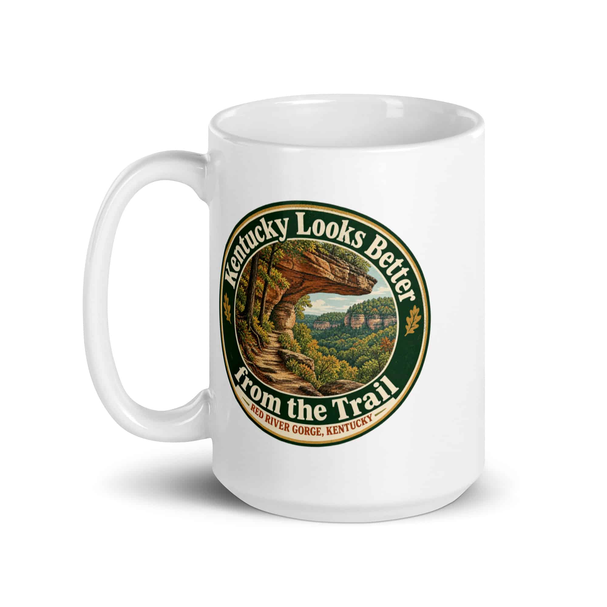 Red River Gorge White Ceramic Coffee Mug: Kentucky Looks Better from the Trail, Vintage Round Badge