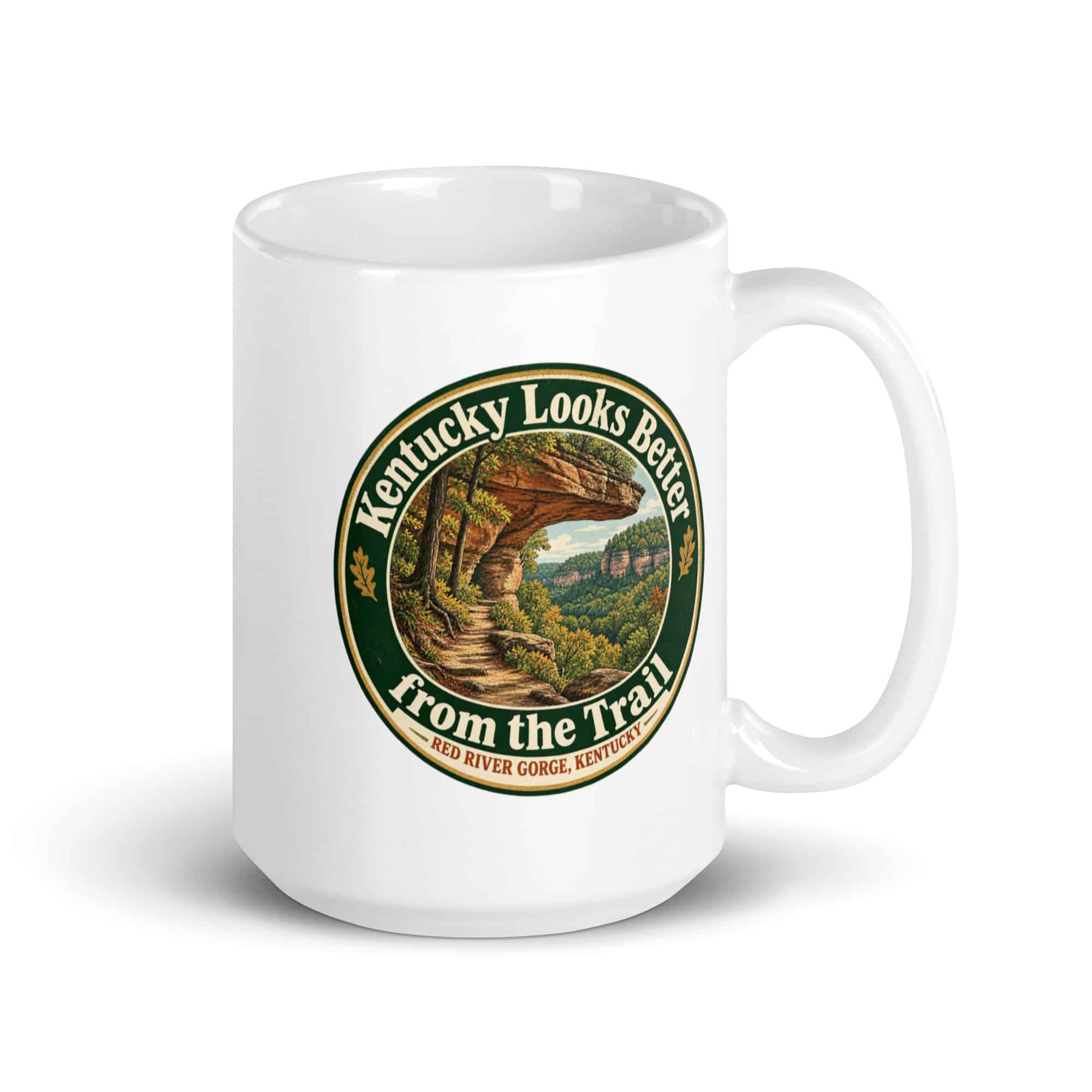 Red River Gorge White Ceramic Coffee Mug: Kentucky Looks Better from the Trail, Vintage Round Badge