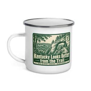 Red River Gorge Enamel Camp Mug: Kentucky Looks Better from the Trail, Forest Ink Stamp - 12 oz - Left