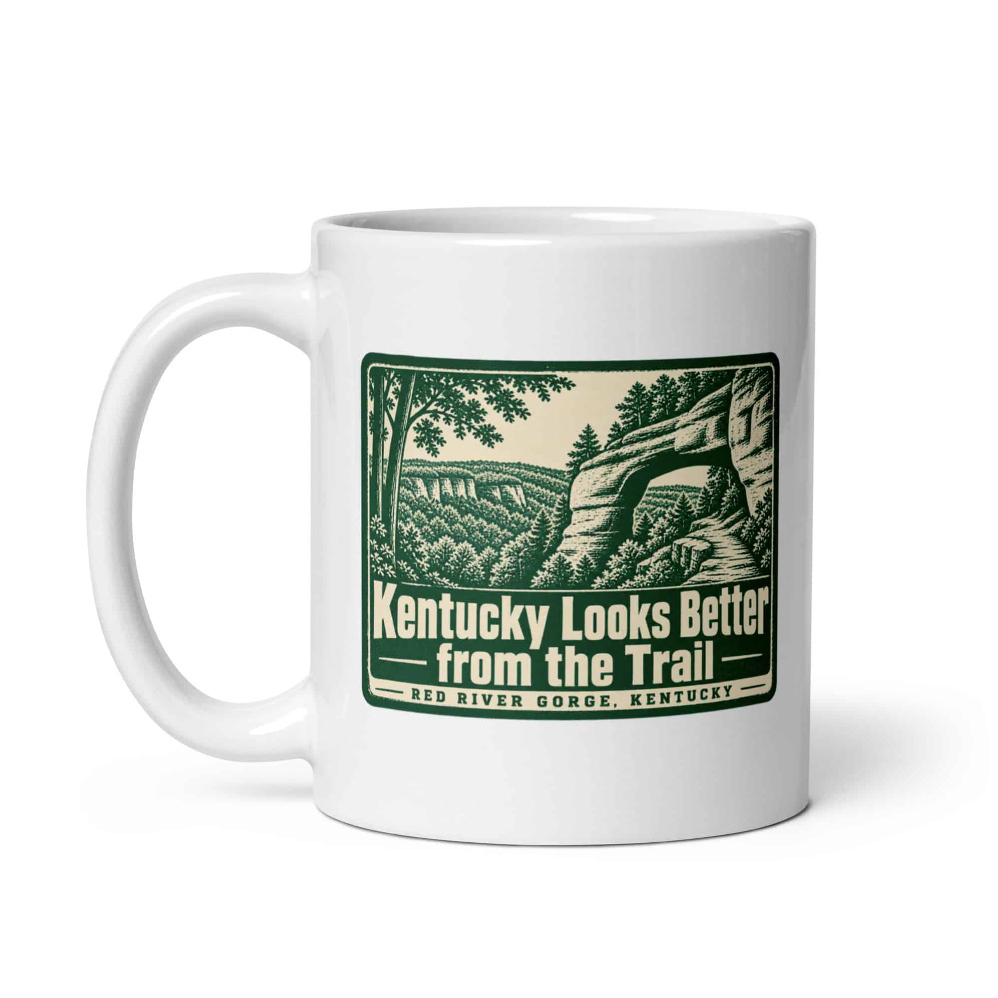 Red River Gorge White Ceramic Coffee Mug: Kentucky Looks Better from the Trail, Forest Ink Stamp
