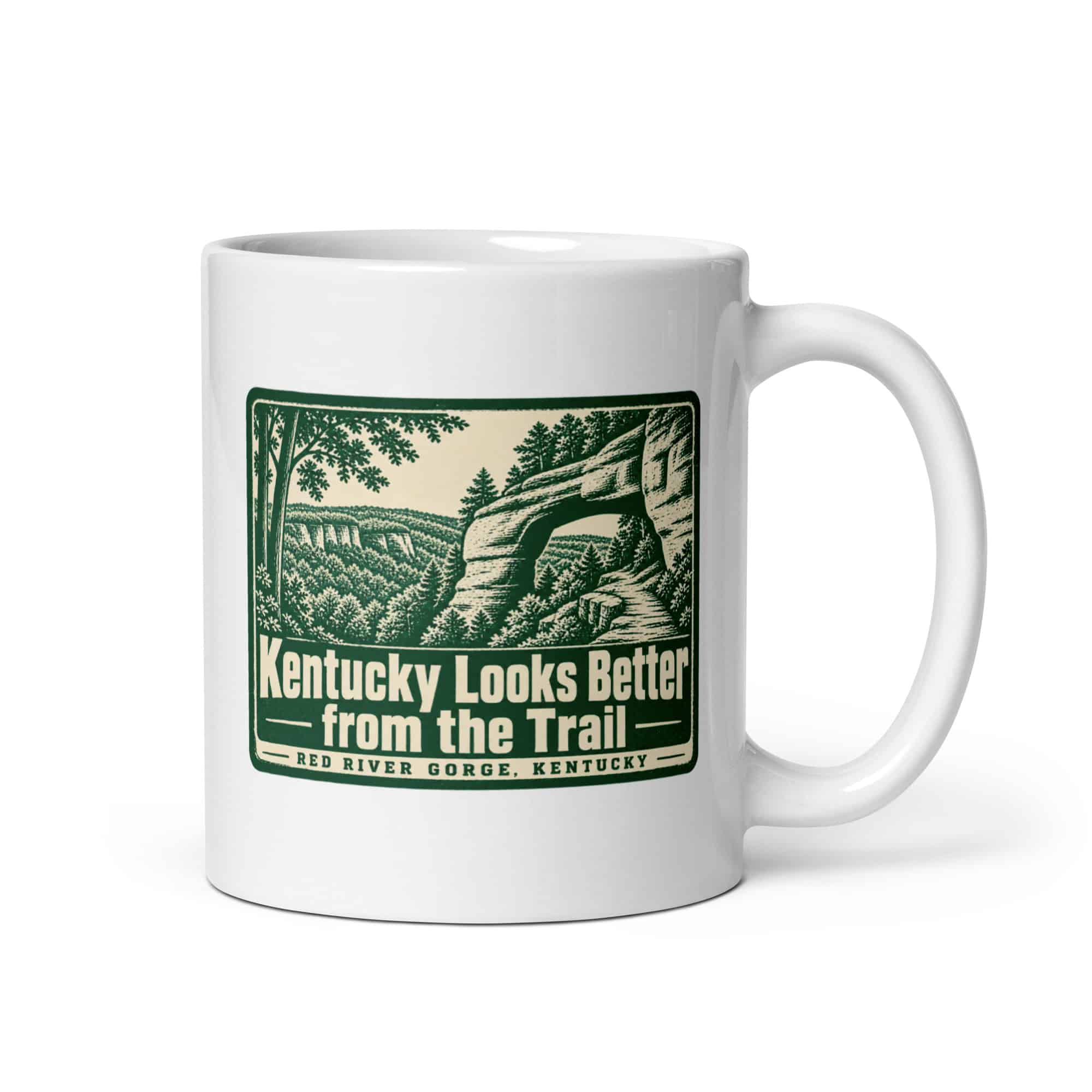 Red River Gorge White Ceramic Coffee Mug: Kentucky Looks Better from the Trail, Forest Ink Stamp