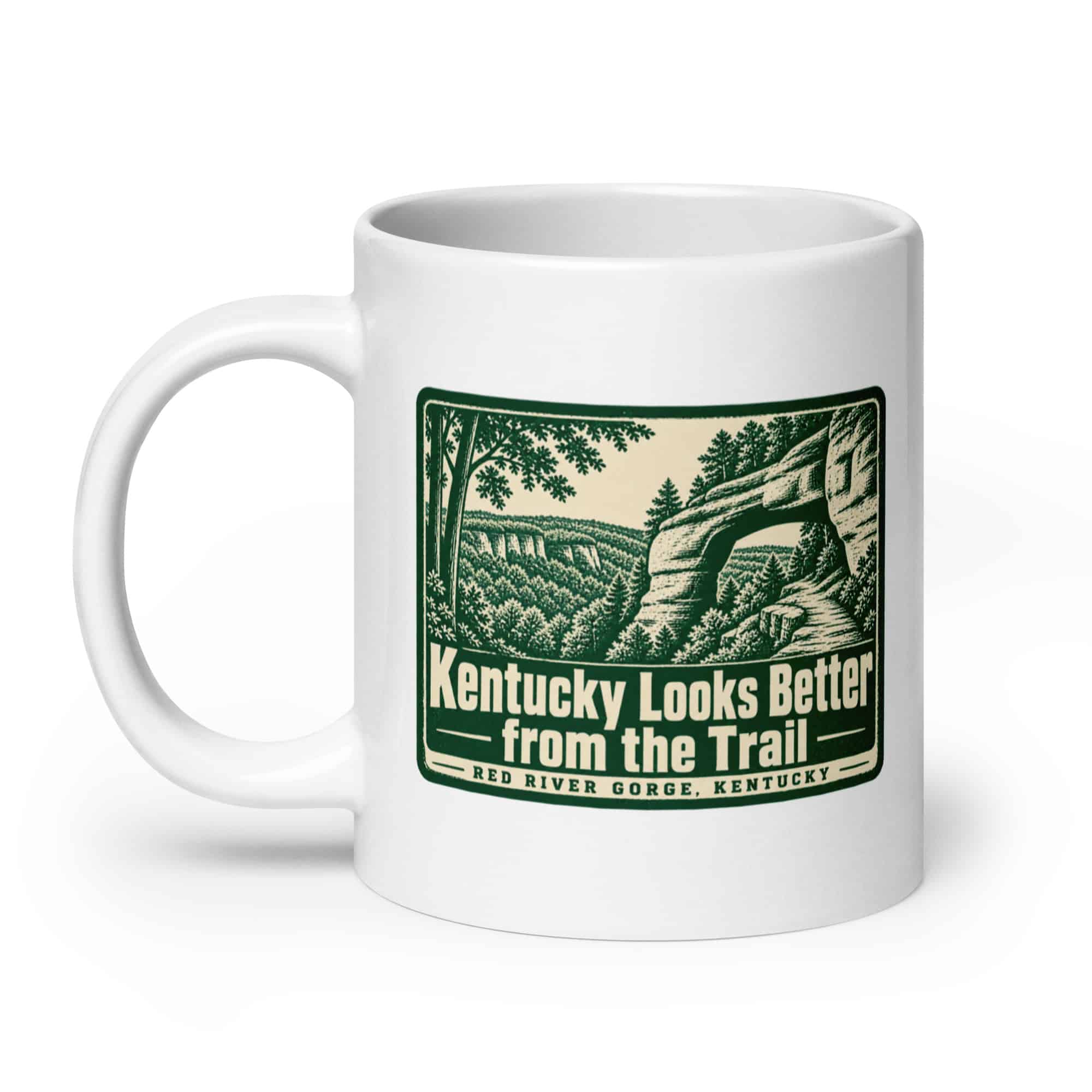 Red River Gorge White Ceramic Coffee Mug: Kentucky Looks Better from the Trail, Forest Ink Stamp