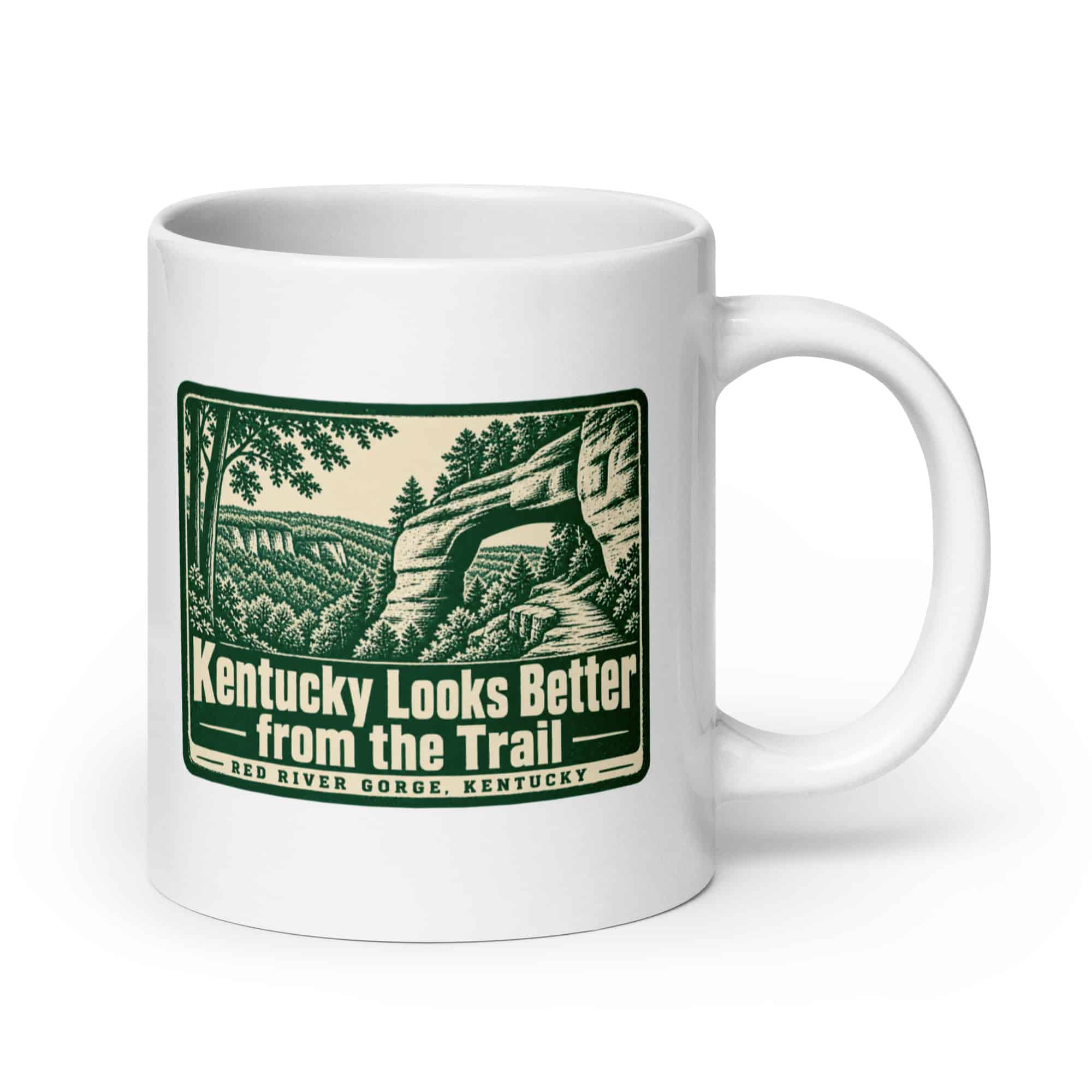Red River Gorge White Ceramic Coffee Mug: Kentucky Looks Better from the Trail, Forest Ink Stamp