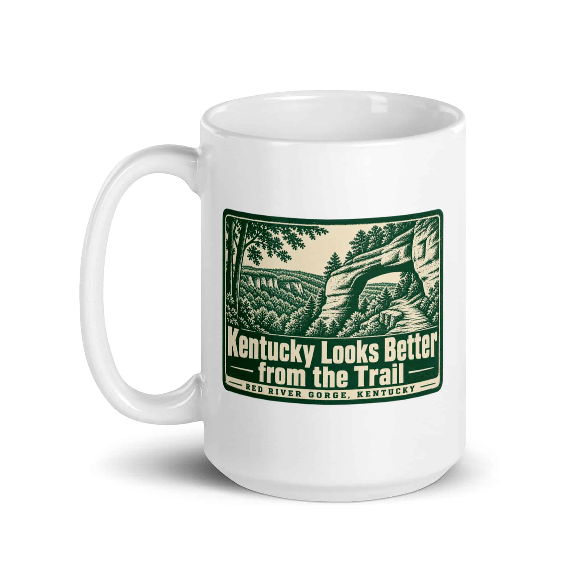 Red River Gorge White Ceramic Coffee Mug: Kentucky Looks Better from the Trail, Forest Ink Stamp