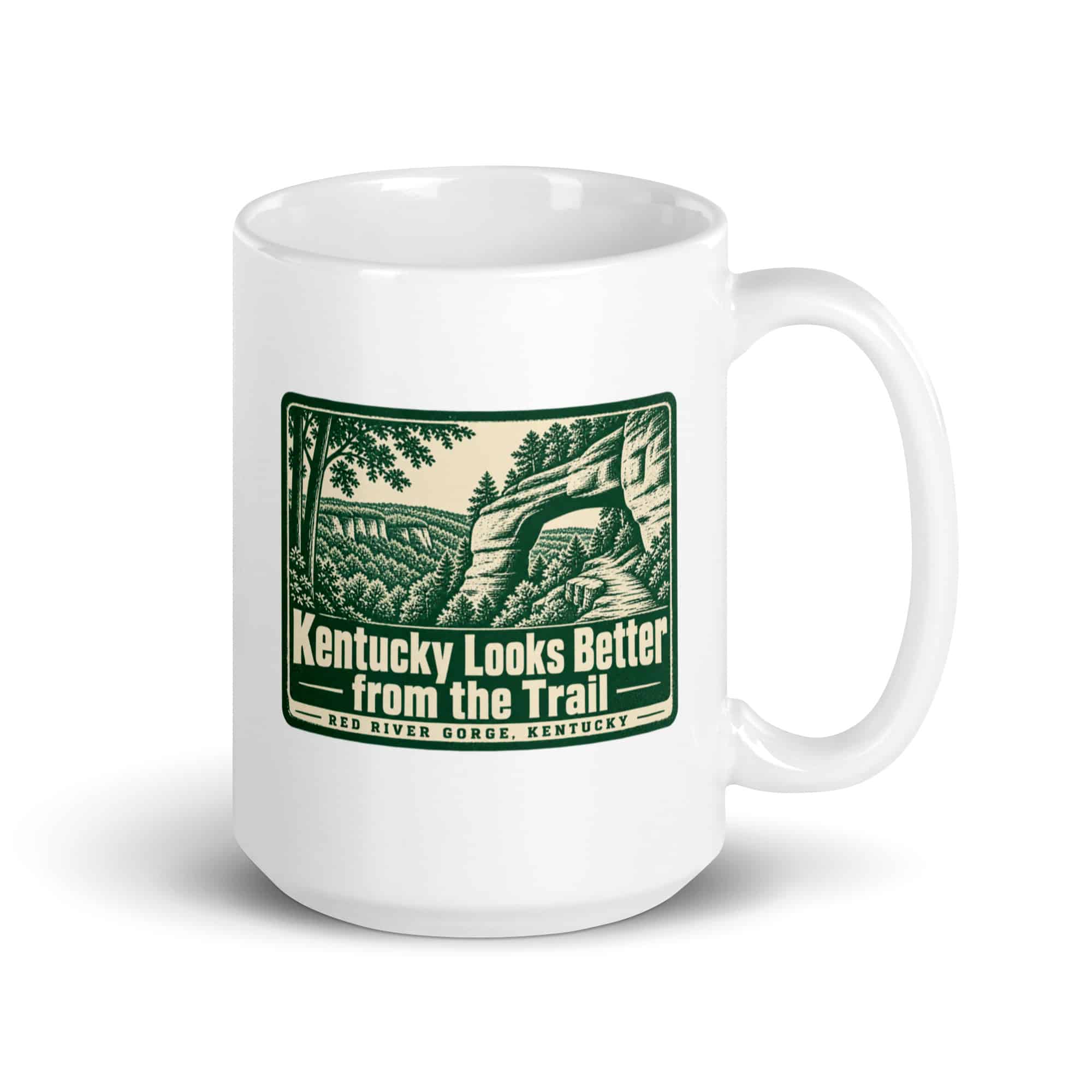 Red River Gorge White Ceramic Coffee Mug: Kentucky Looks Better from the Trail, Forest Ink Stamp