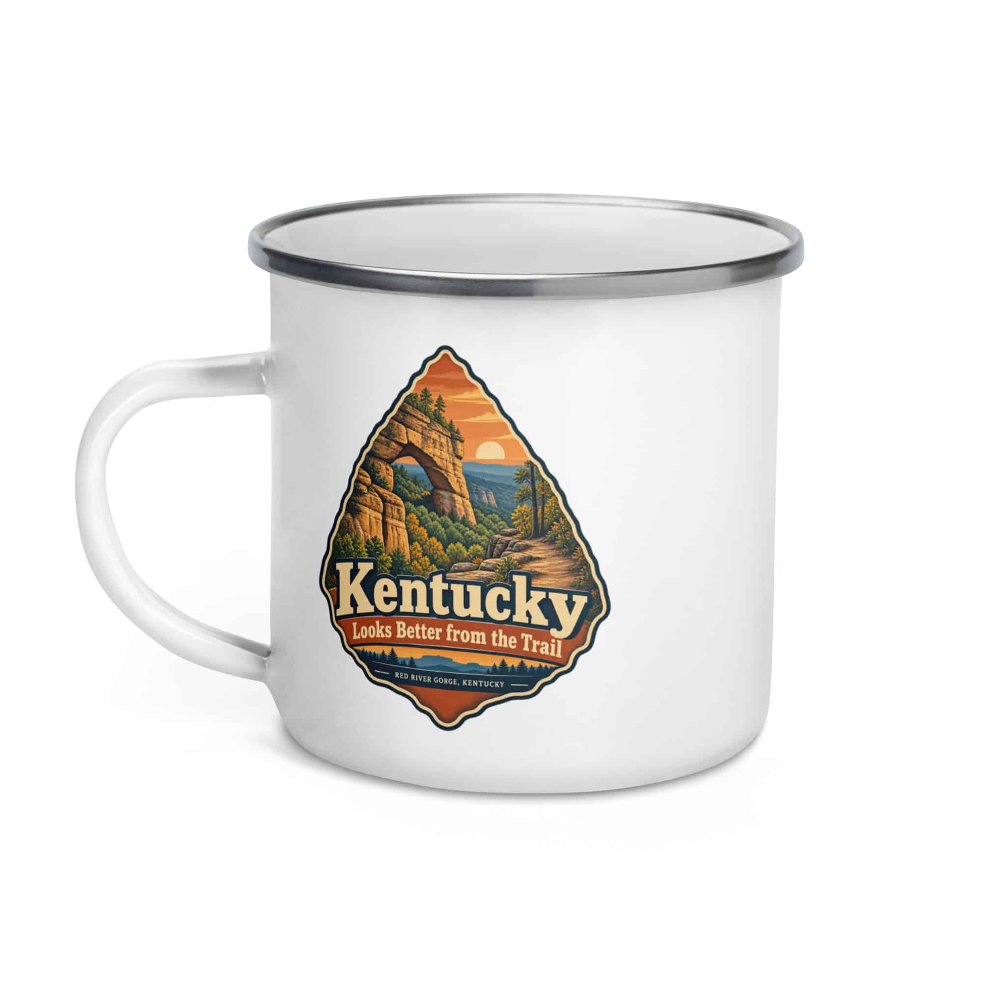 Red River Gorge Enamel Camp Mug: Kentucky Looks Better from the Trail, Scenic Shield Badge