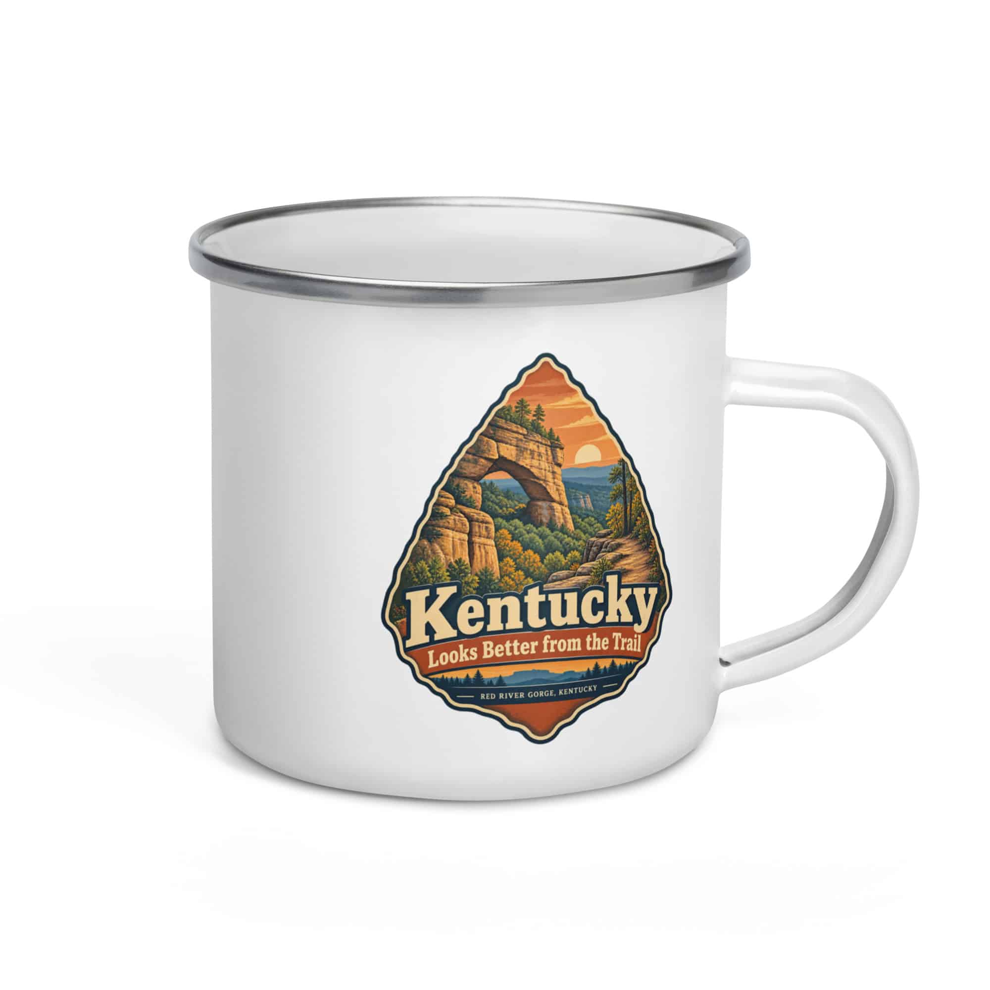 Red River Gorge Enamel Camp Mug: Kentucky Looks Better from the Trail, Scenic Shield Badge