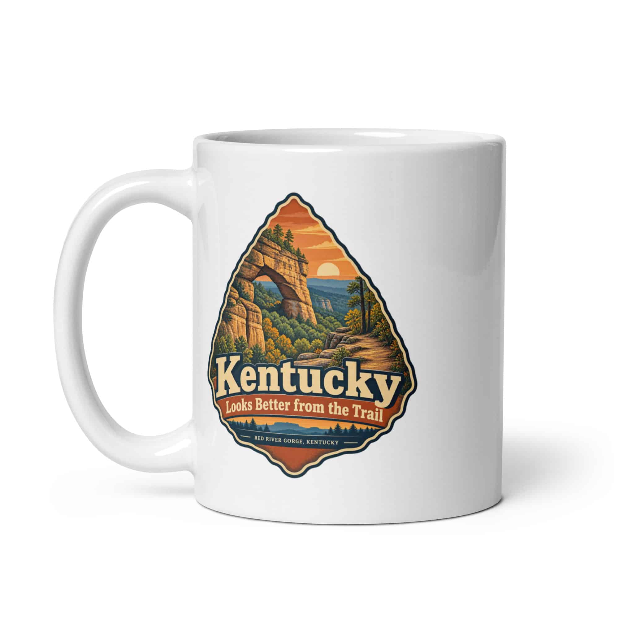 Red River Gorge White Ceramic Coffee Mug: Kentucky Looks Better from the Trail, Scenic Shield Badge