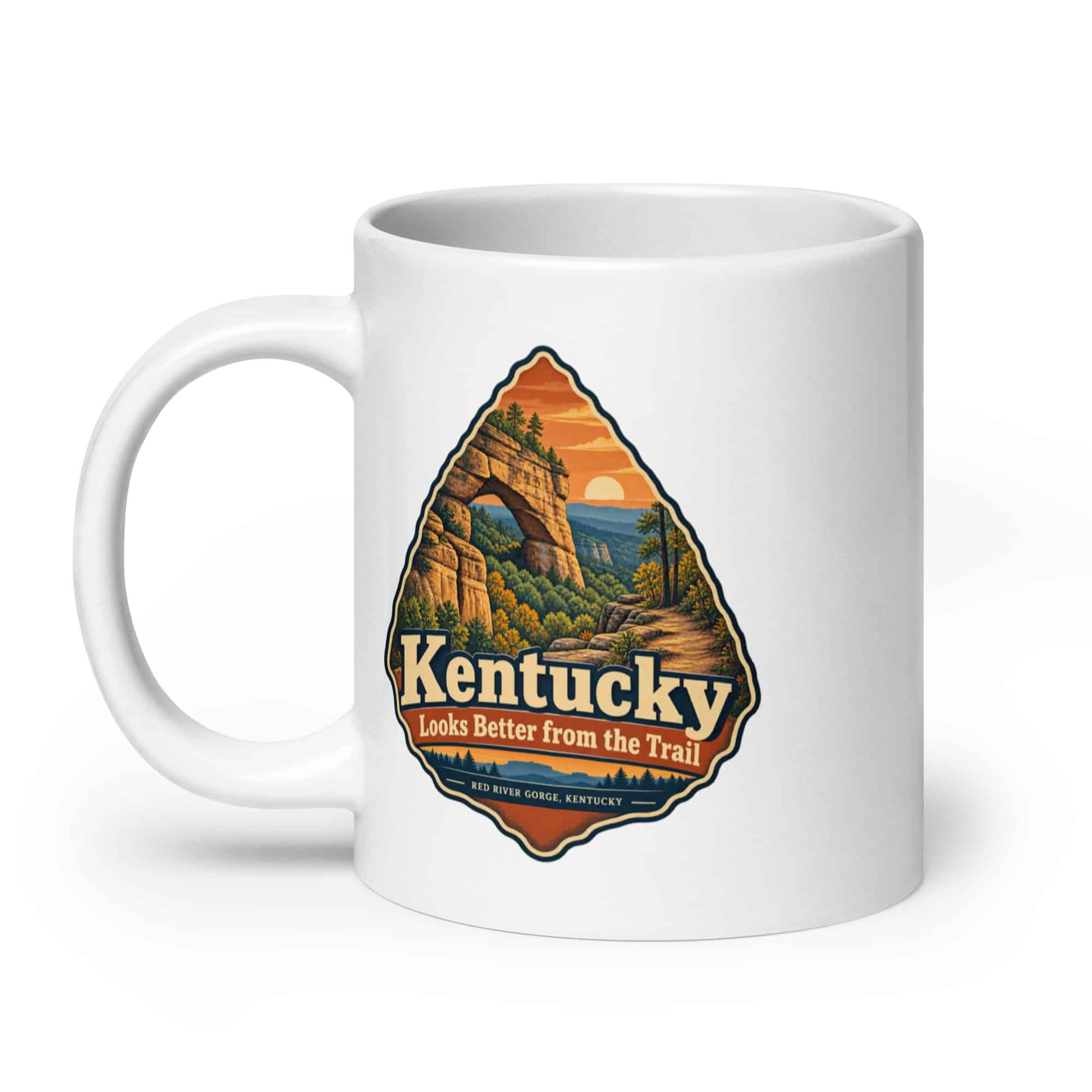 Red River Gorge White Ceramic Coffee Mug: Kentucky Looks Better from the Trail, Scenic Shield Badge