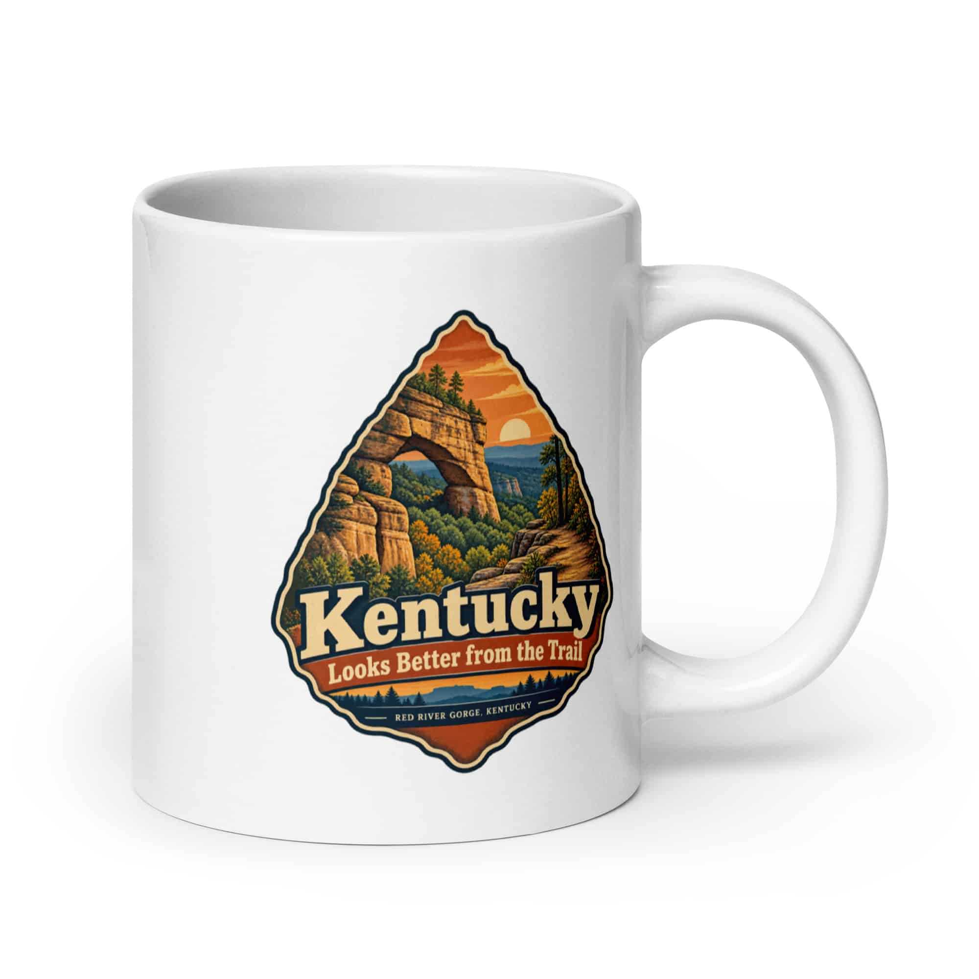 Red River Gorge White Ceramic Coffee Mug: Kentucky Looks Better from the Trail, Scenic Shield Badge