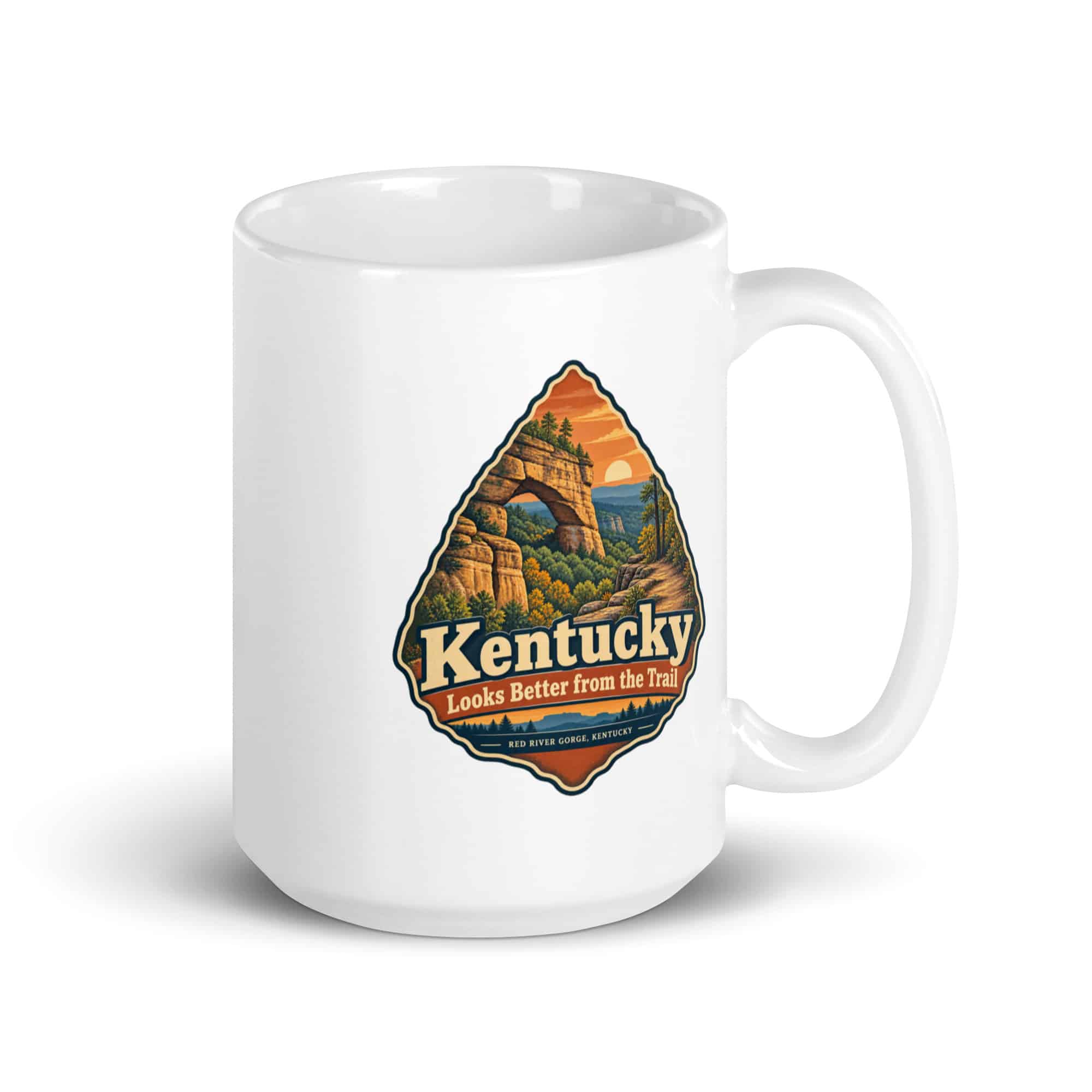 Red River Gorge White Ceramic Coffee Mug: Kentucky Looks Better from the Trail, Scenic Shield Badge