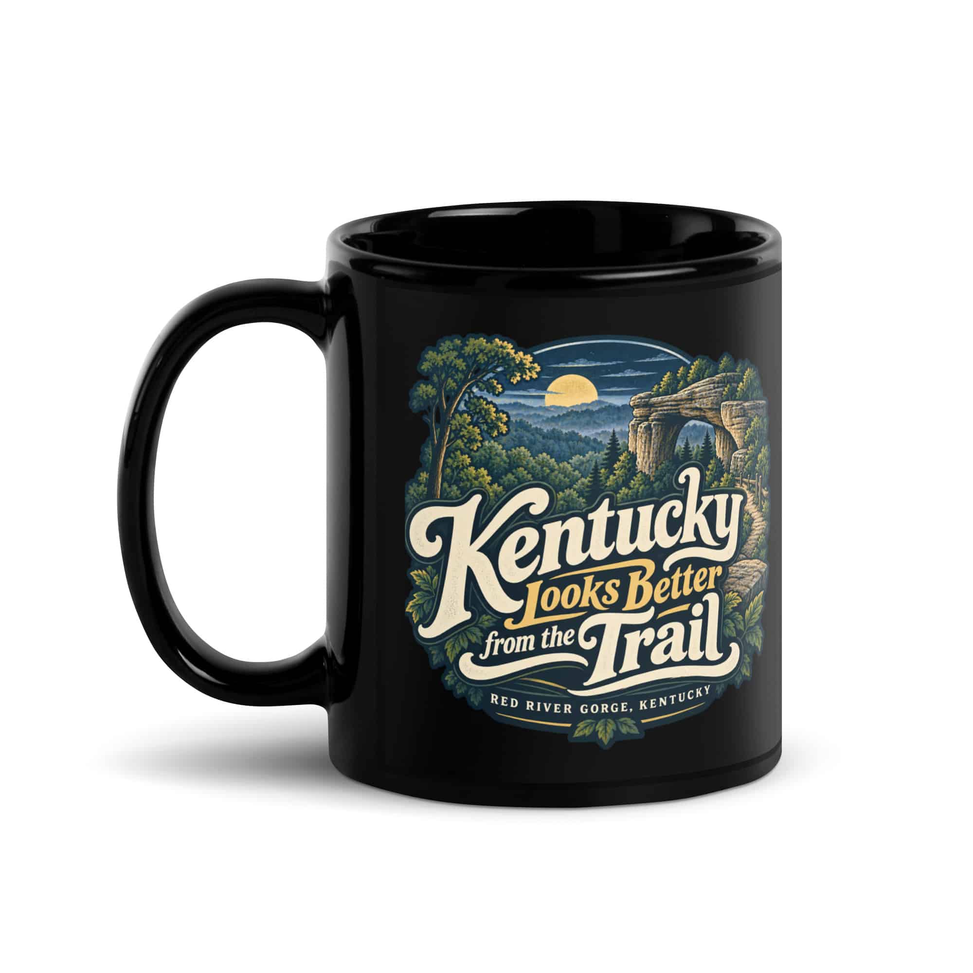 Red River Gorge Black Coffee Mug: Kentucky Looks Better from the Trail, Woodland Scenic Lettering