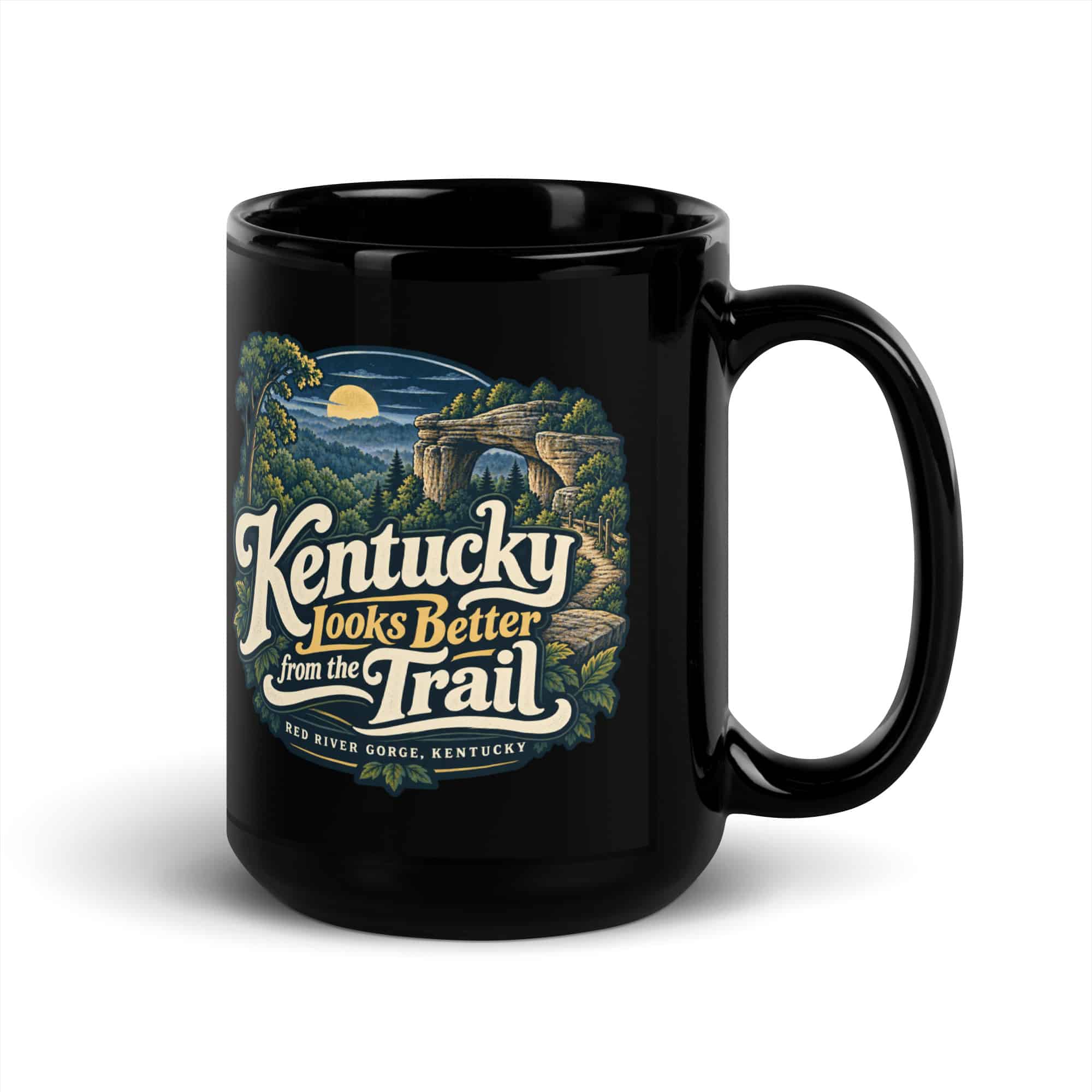 Red River Gorge Black Coffee Mug: Kentucky Looks Better from the Trail, Woodland Scenic Lettering