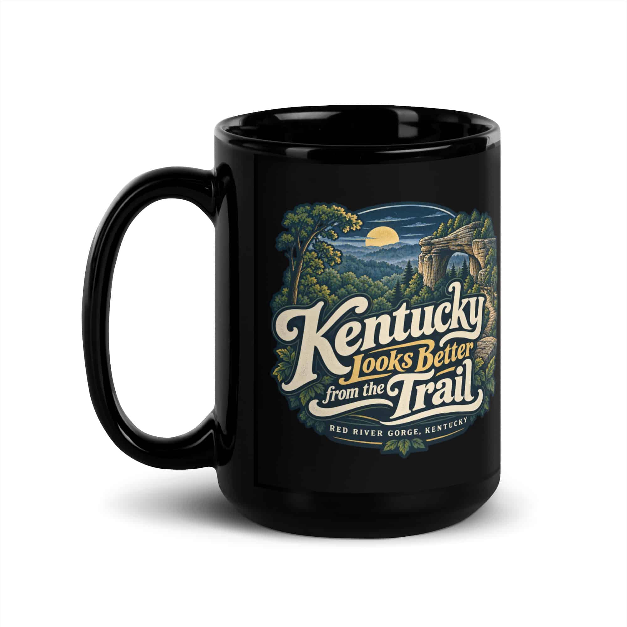 Red River Gorge Black Coffee Mug: Kentucky Looks Better from the Trail, Woodland Scenic Lettering