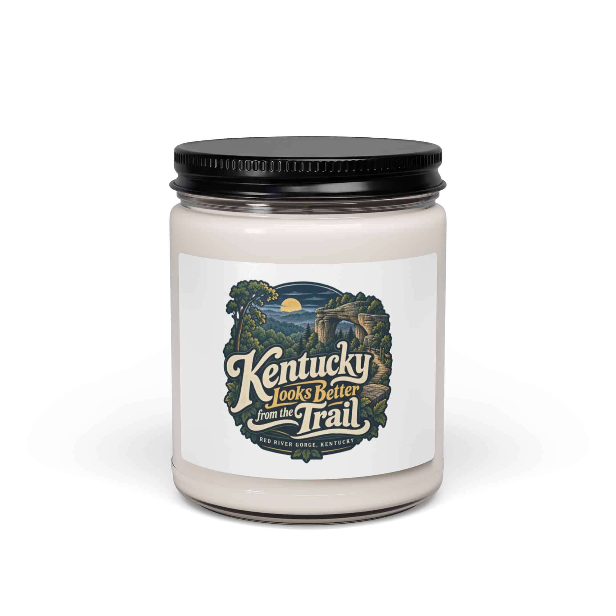 Red River Gorge Soy Wax Candle: Kentucky Looks Better from the Trail, Woodland Scenic Lettering