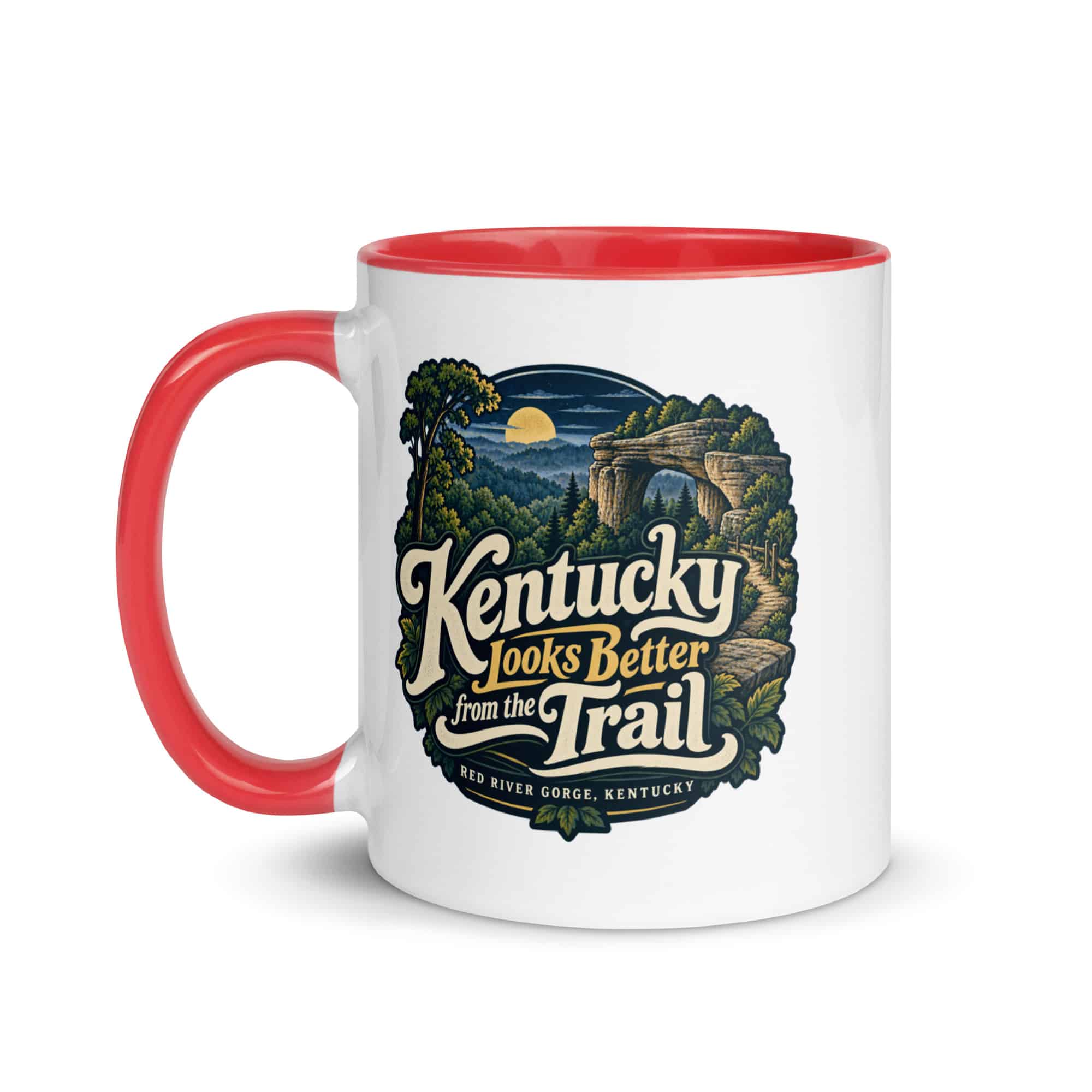 Red River Gorge Color Inside Coffee Mug: Kentucky Looks Better from the Trail, Woodland Scenic Lettering