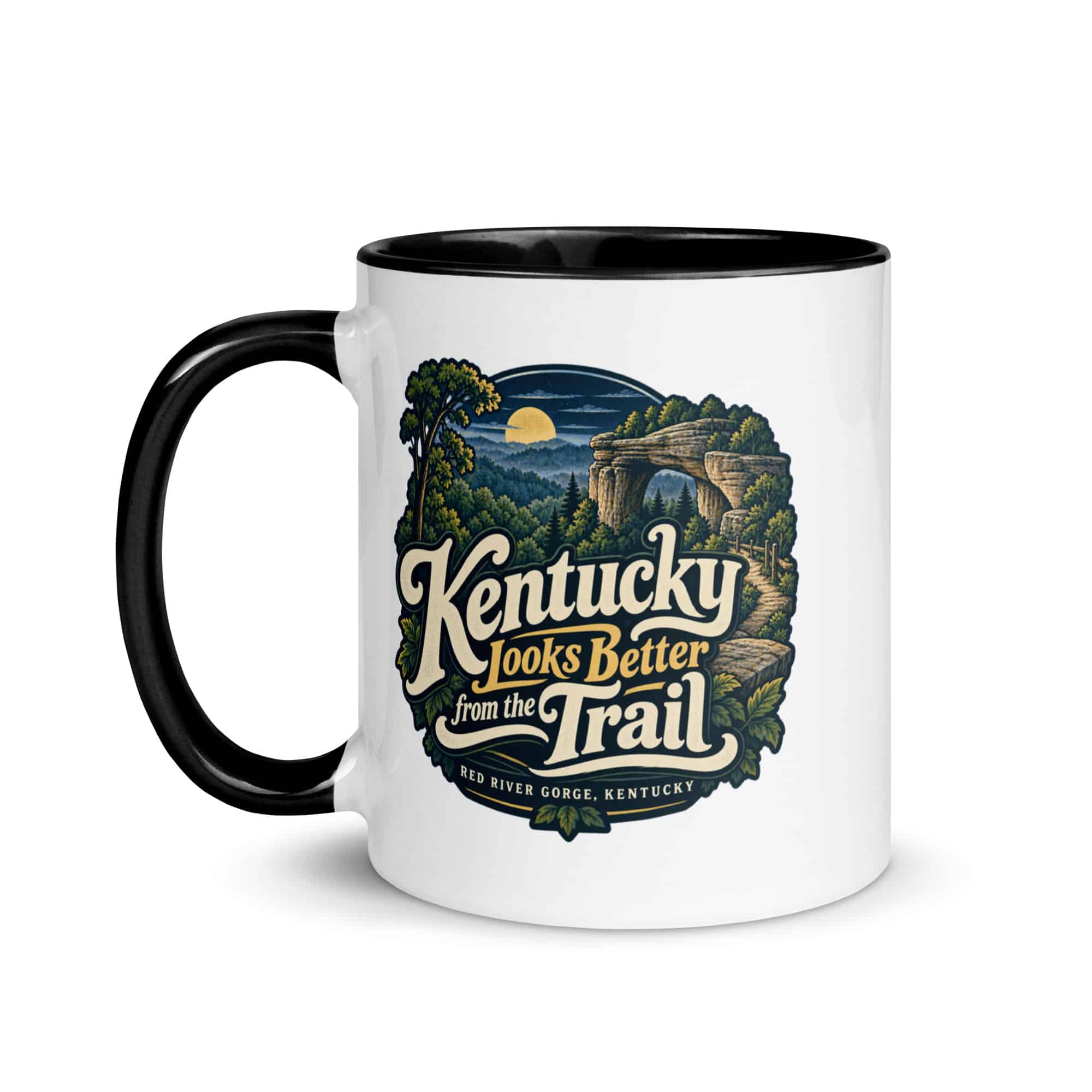 Red River Gorge Color Inside Coffee Mug: Kentucky Looks Better from the Trail, Woodland Scenic Lettering