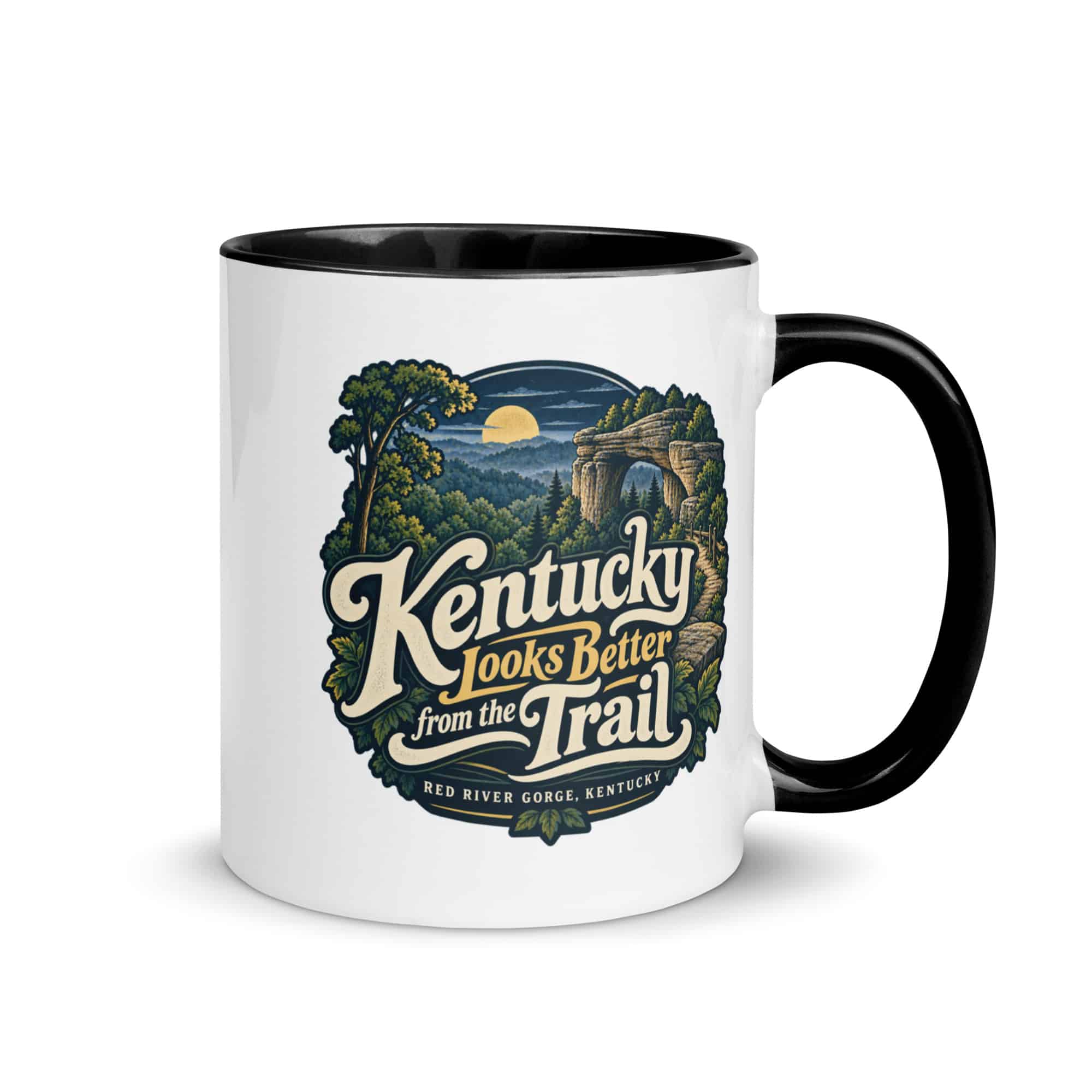 Red River Gorge Color Inside Coffee Mug: Kentucky Looks Better from the Trail, Woodland Scenic Lettering