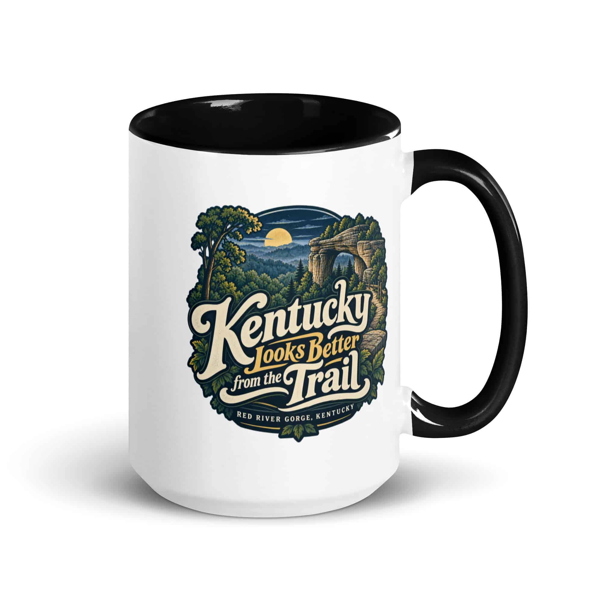 Red River Gorge Color Inside Coffee Mug: Kentucky Looks Better from the Trail, Woodland Scenic Lettering